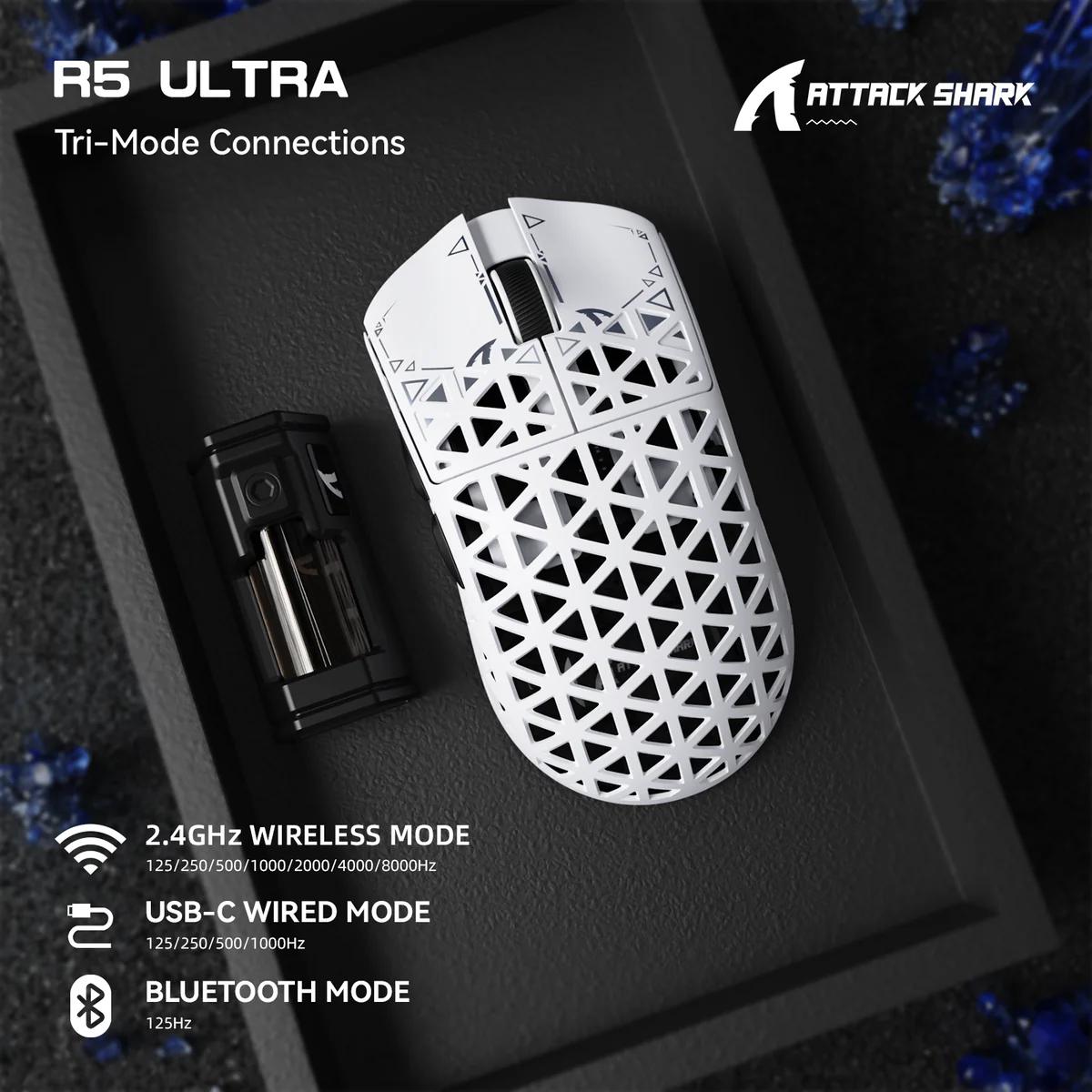 NEW White Attack Shark R5 Ultra 39g Carbon Fiber Gaming Mouse PAW3950MAX 8K Wireless 42K DPI