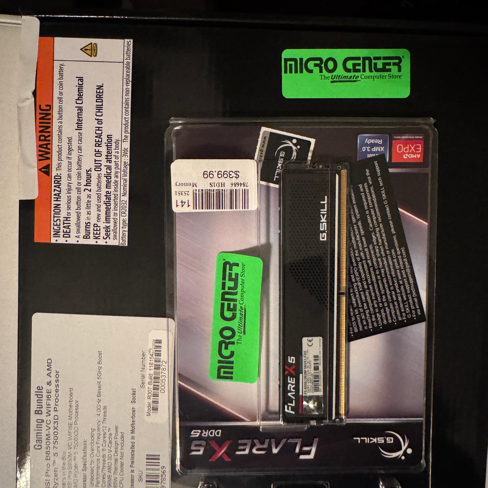 AMD Ryzen 5 7500X3D + MSI B850M-VC Pro WiFi AM5 + 16GB DDR5-6000, CPU, mobo, ram Build Bundle