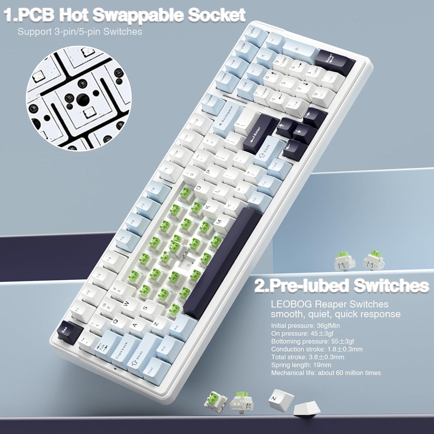 AULA F99 Wireless Mechanical Keyboard - Blue & White, RGB, Hot-Swappable, 99 Keys, Pre-Lubed