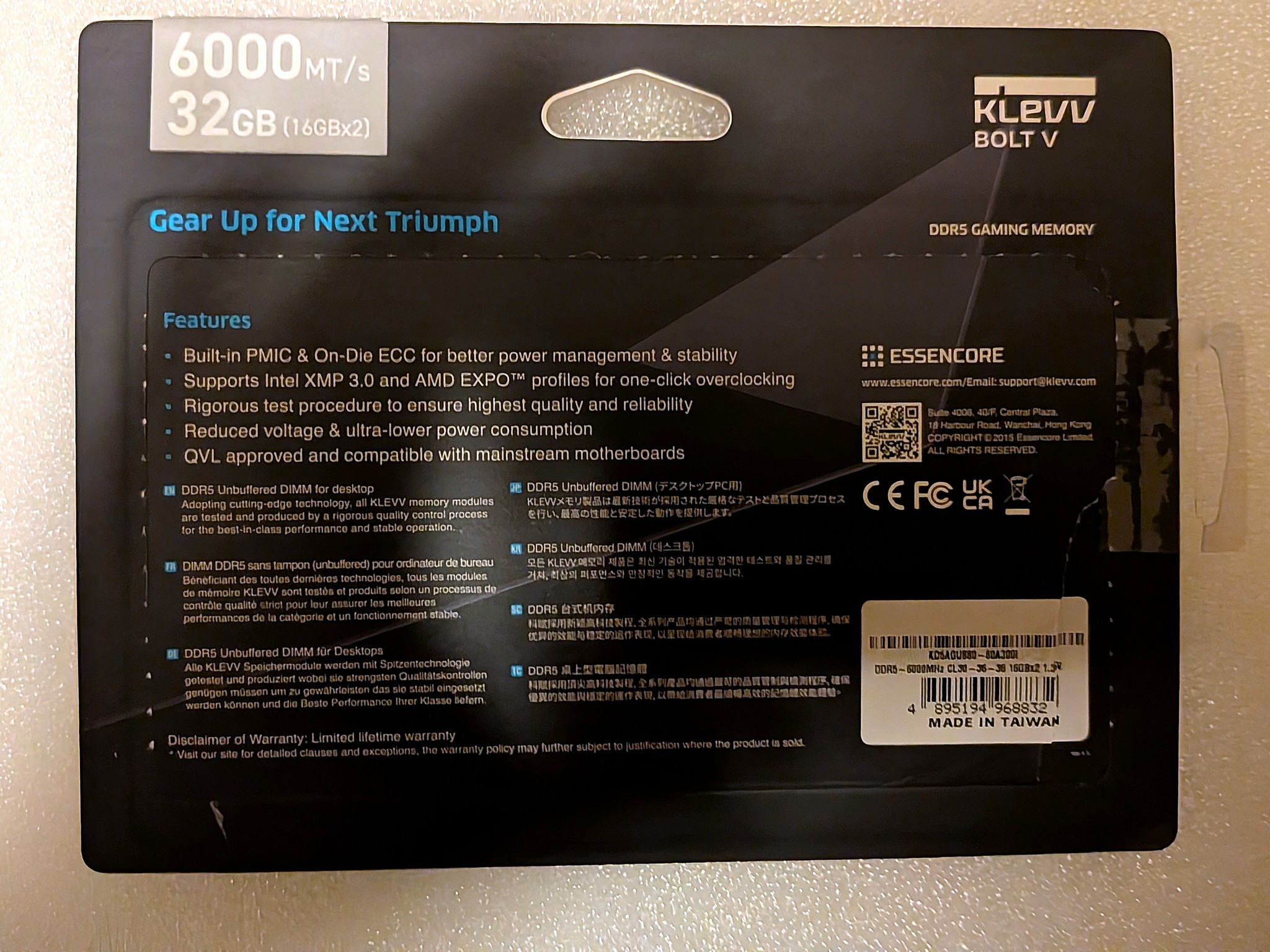 NEW White Klevv Bolt V 32GB (2x16) DDR5 6000MT CL30 memory (open box)