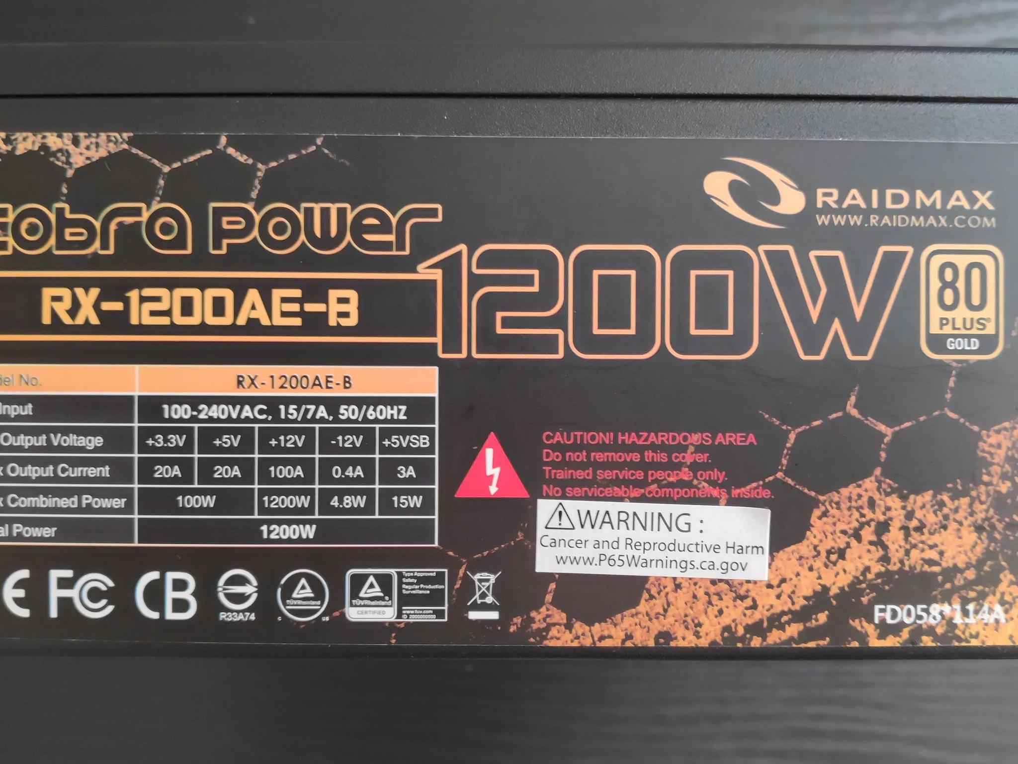 Raidmax Cobra Power 1200W RX-1200AE-B Semi-Modular 80 Plus Gold Power Supply