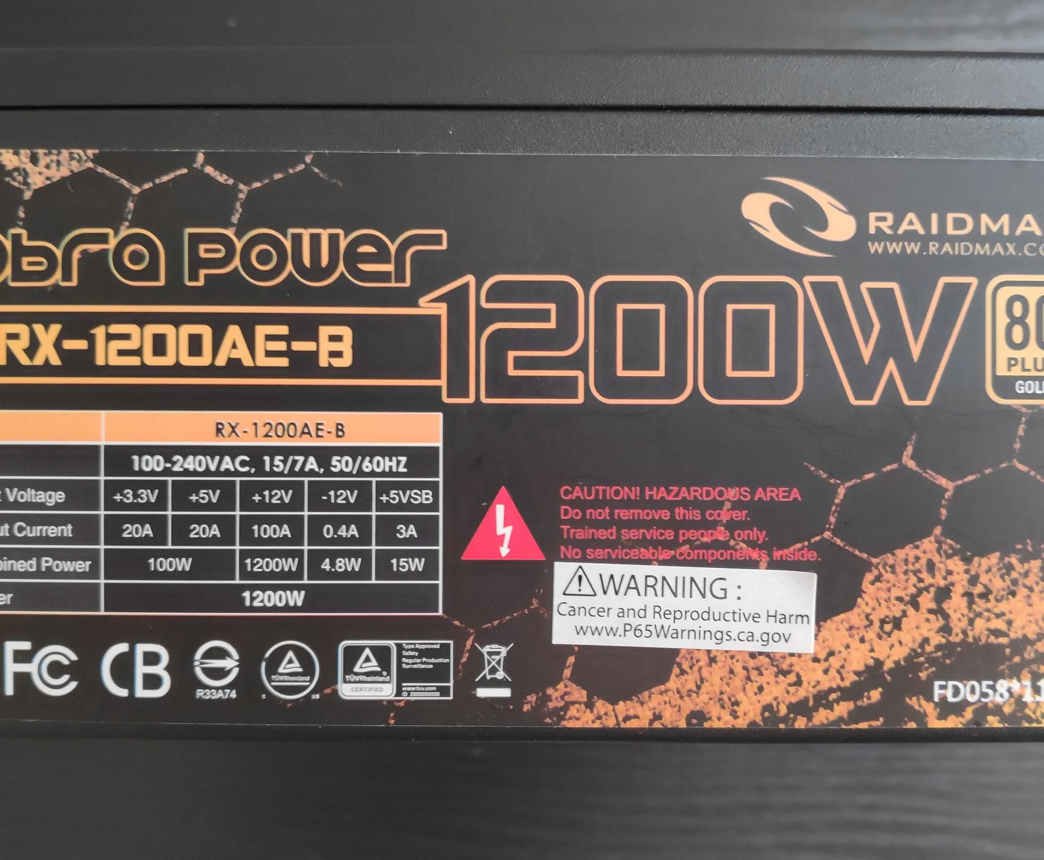 Raidmax Cobra Power 1200W RX-1200AE-B Semi-Modular 80 Plus Gold Power Supply