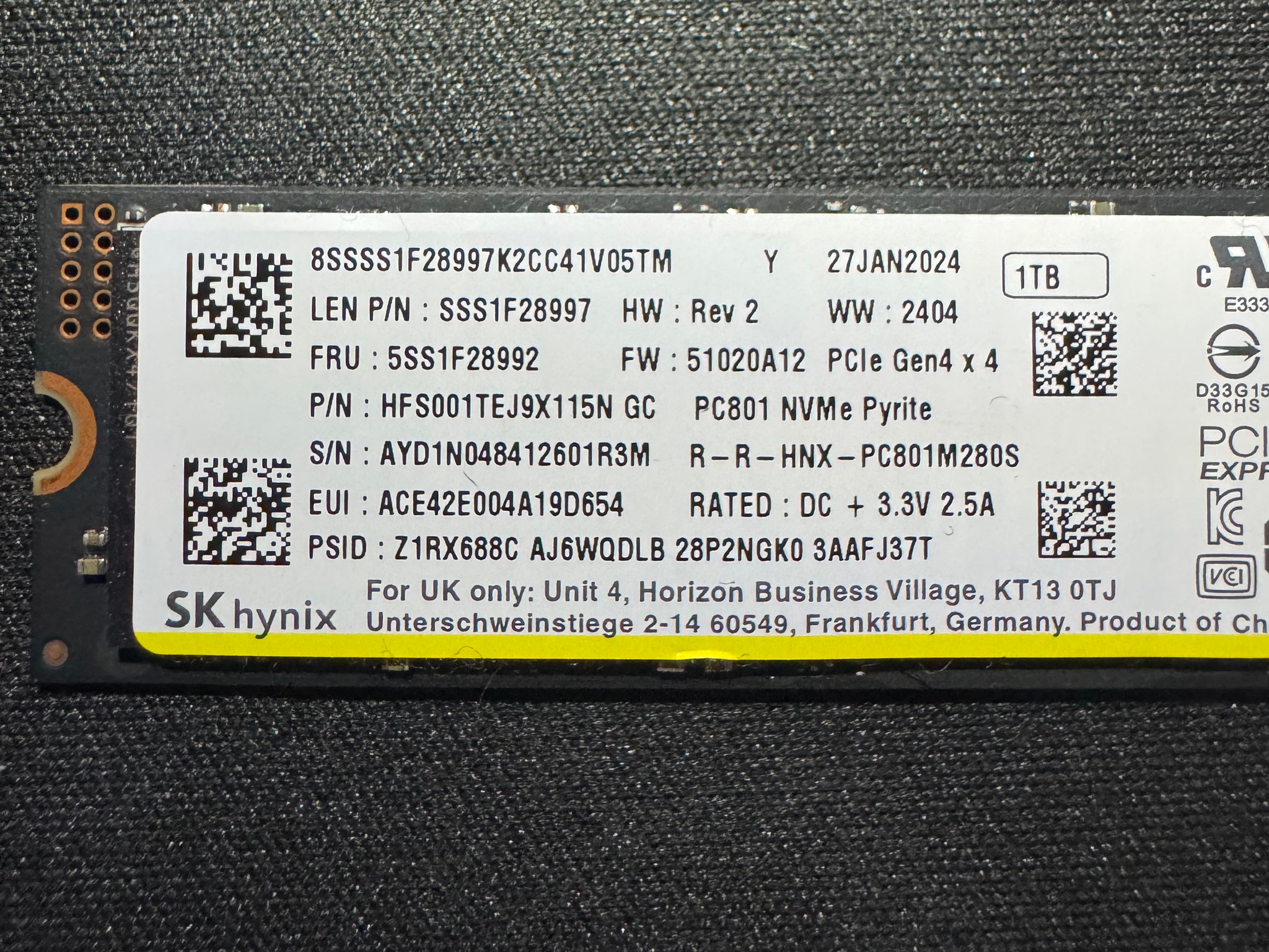 SK hynix PC801 1TB NVMe PCIe Gen4 x4 SSD