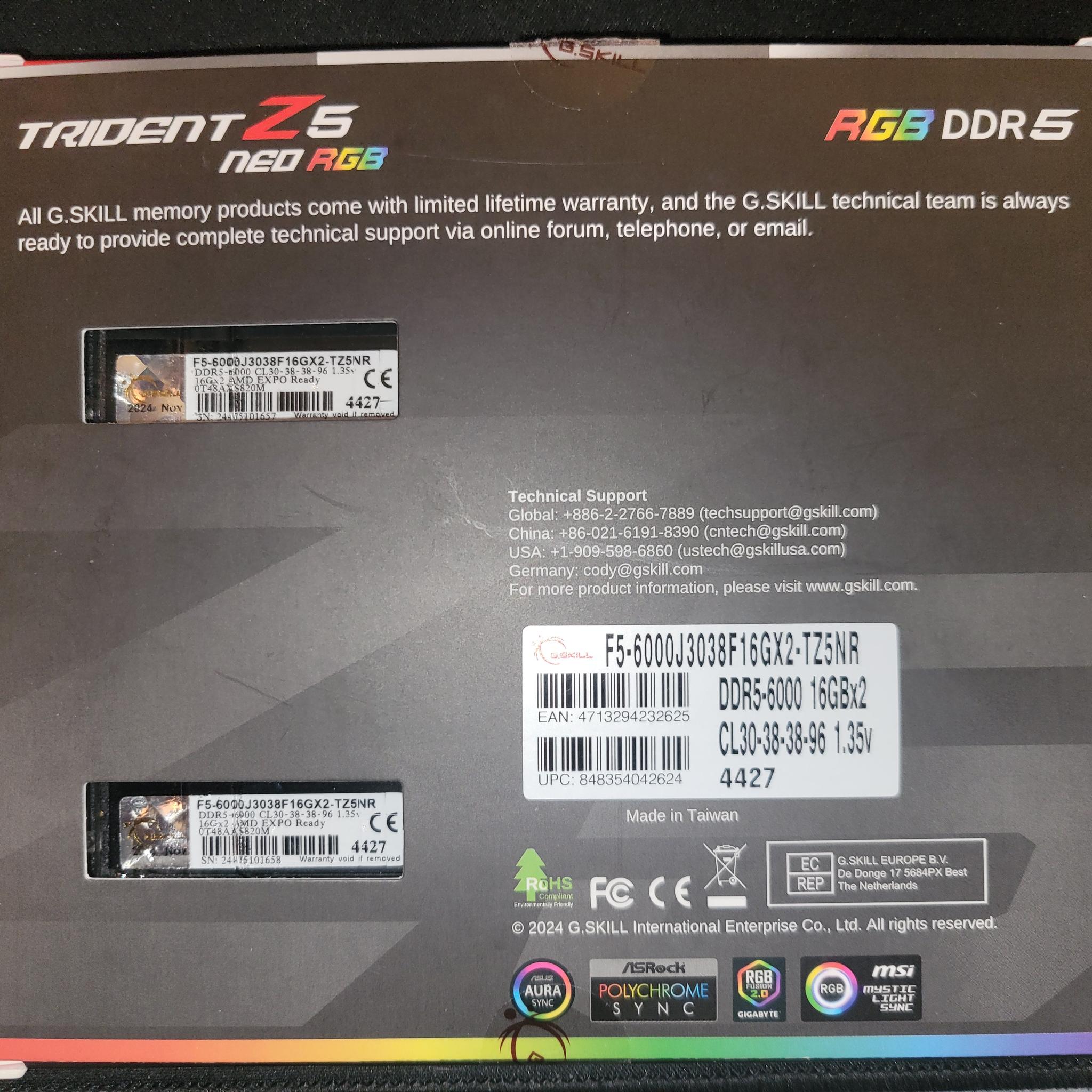 G.Skill Trident Z5 32GB CL30 32GB (16 x 2) DDR5 RGB AMD Expo Neo