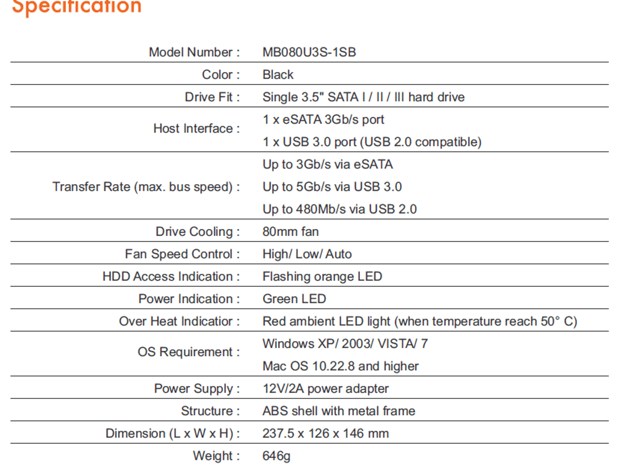 ICY DOCK Blizzard USB 3.0 & eSATA External 3.5” Sata Hard Drive Enclosure (MB080U3S-1SB)