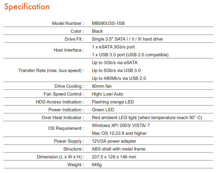 ICY DOCK Blizzard USB 3.0 & eSATA External 3.5” Sata Hard Drive Enclosure (MB080U3S-1SB)