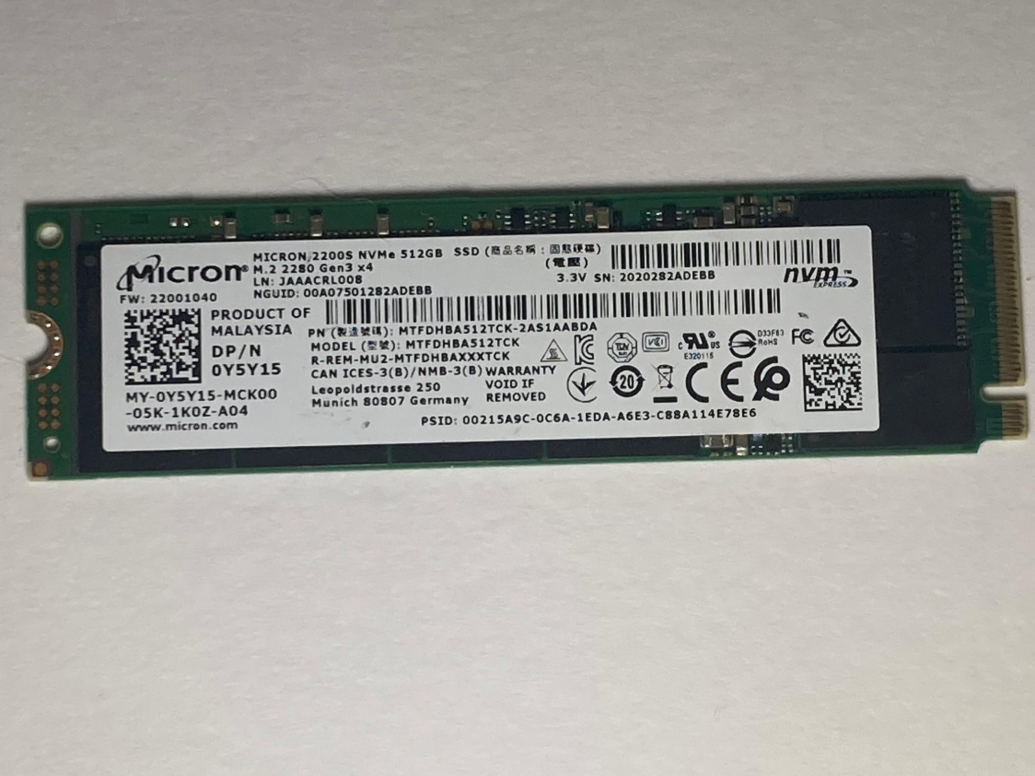 Micron 2200S 512GB Gen 3x4 M.2 2280 SSD Solid State Drive | 512MB DRAM | NVME | 96% Drive Health