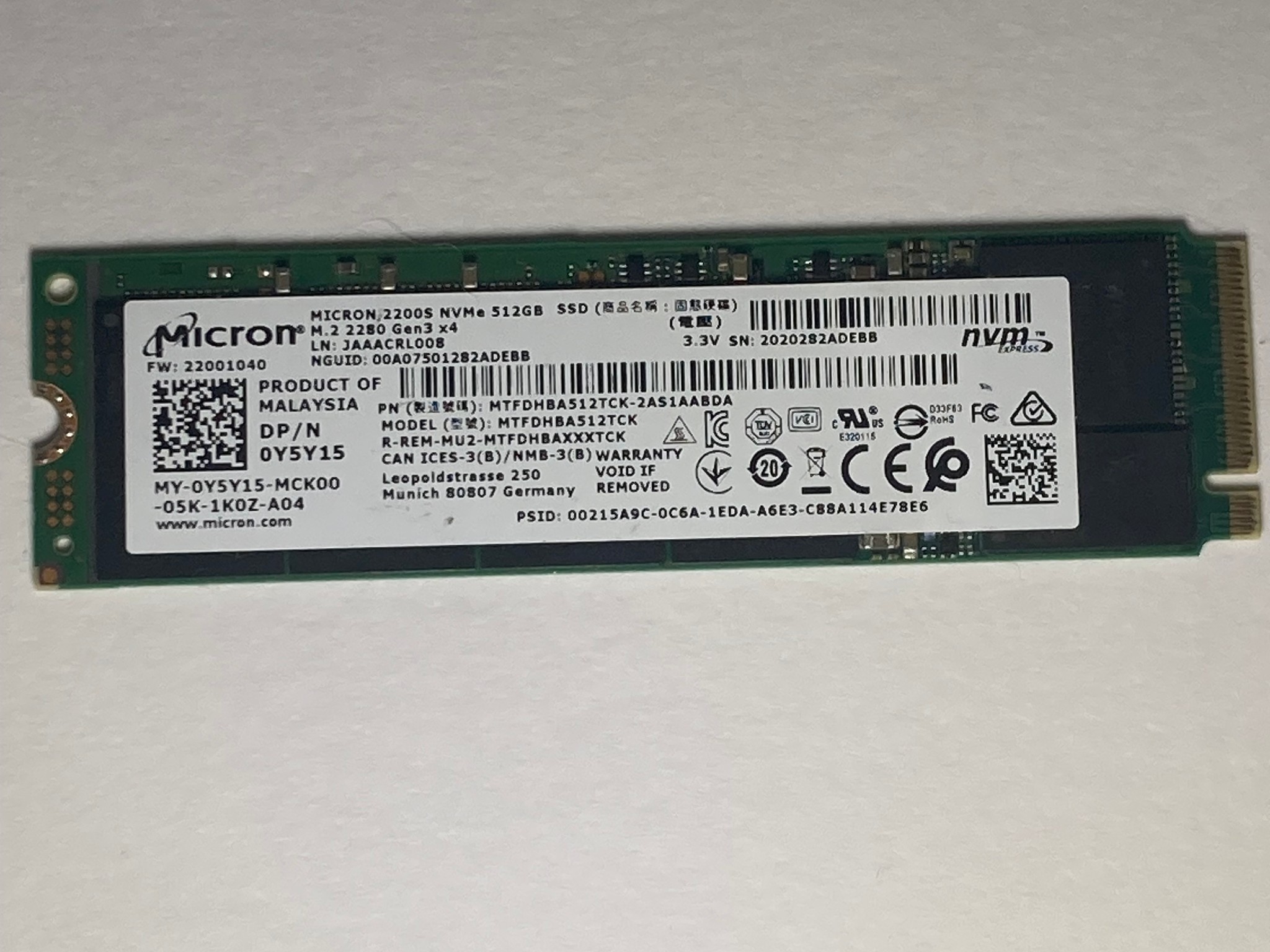Micron 2200S 512GB Gen 3x4 | 512MB DRAM | M.2 2280 SSD Solid State Drive | NVME | 96% Drive Health