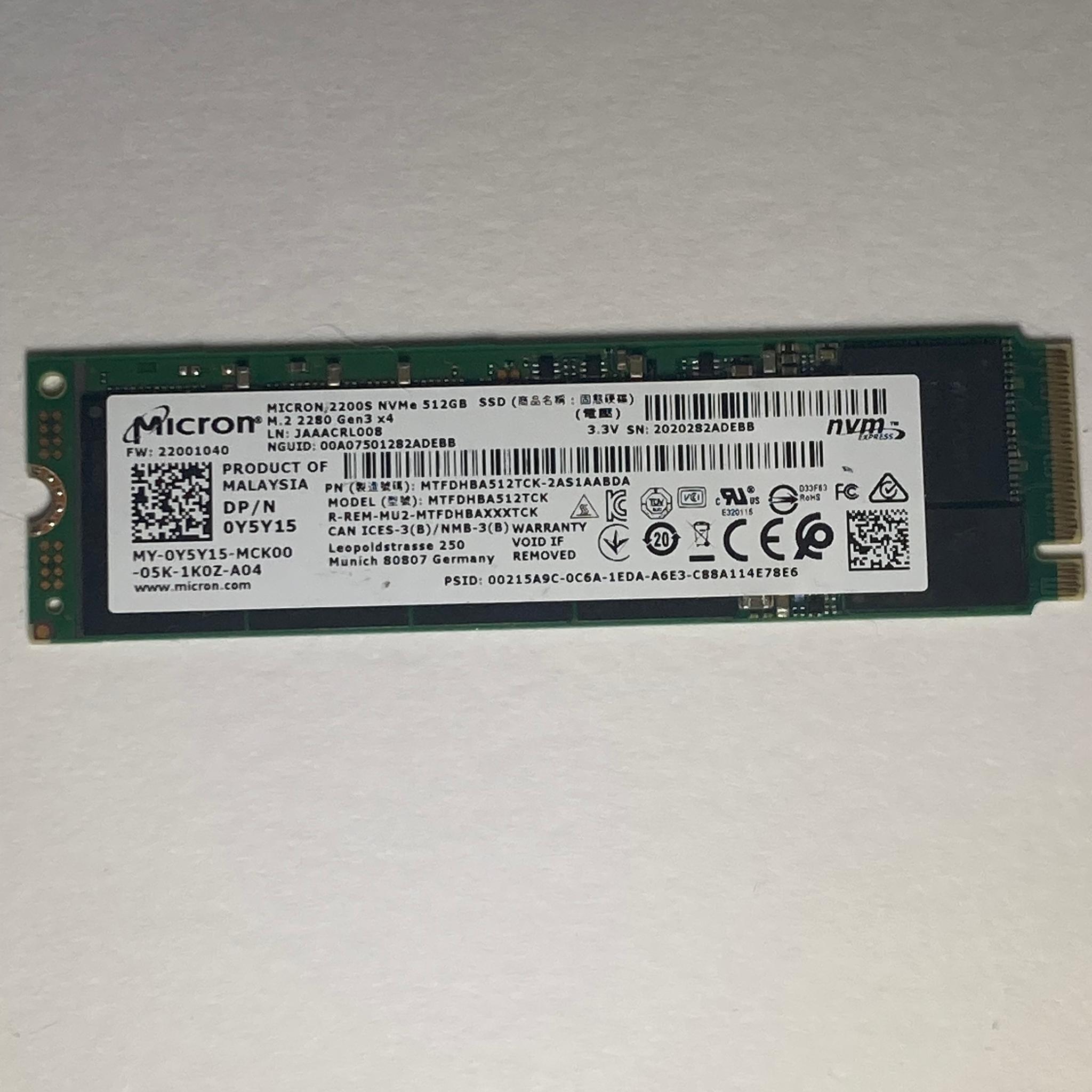 Micron 2200S 512GB Gen 3x4 | 512MB DRAM | M.2 2280 SSD Solid State Drive | NVME | 96% Drive Health