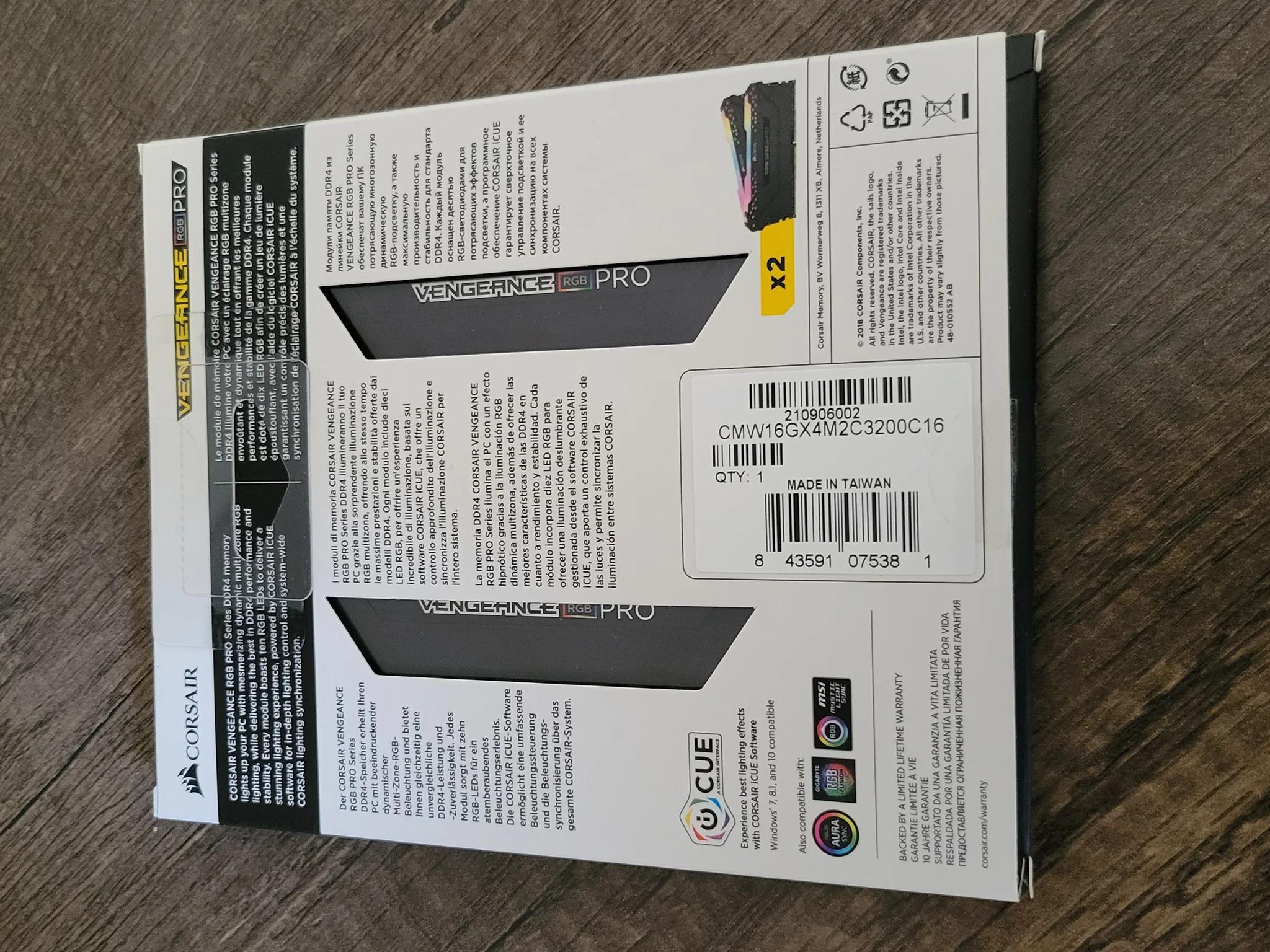 Corsair vengeance RGB Pro 16GB (2 x 8GB)  DDR4 3200 (PC4 25600) CAS latency 16, PC425600