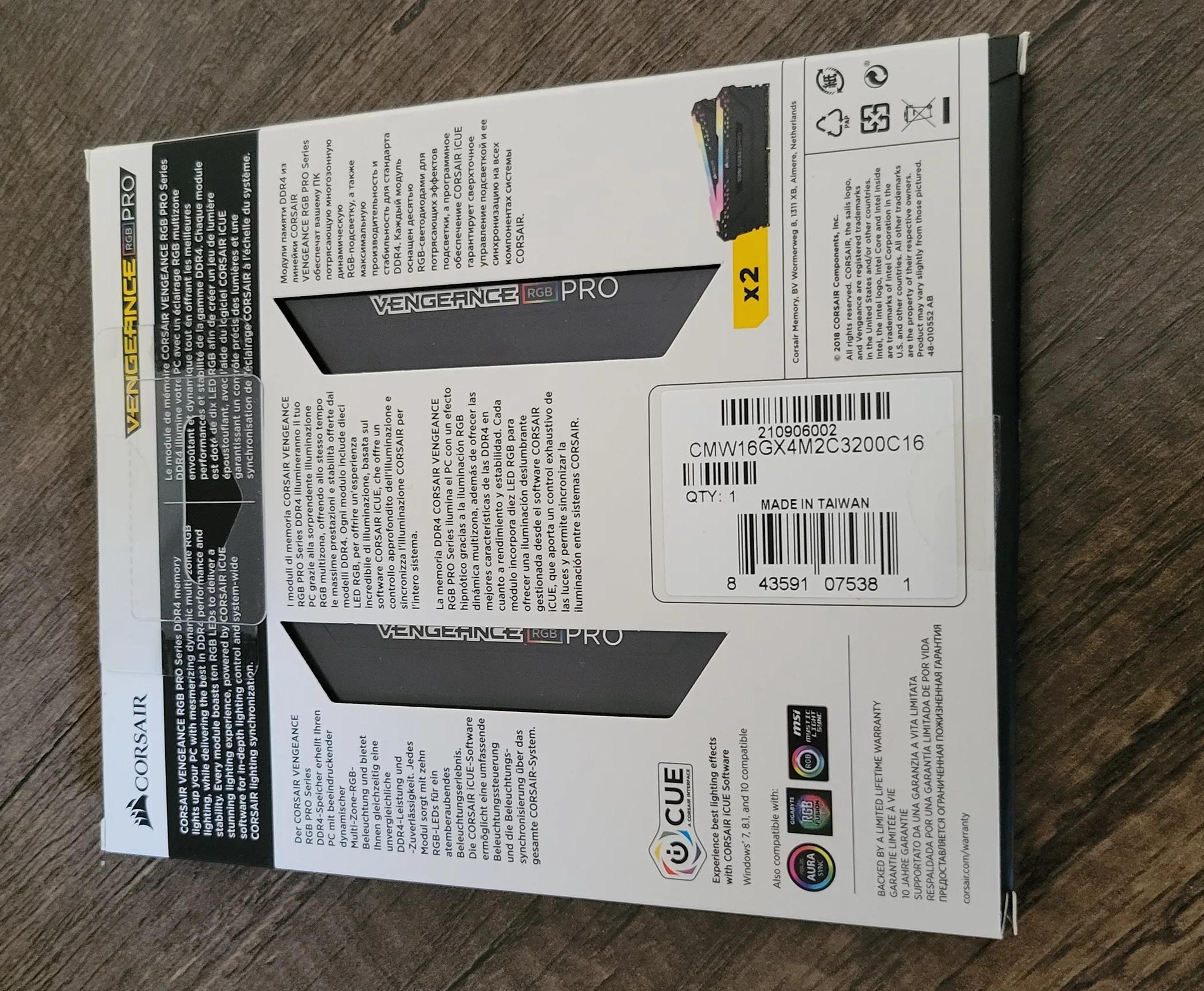 Corsair vengeance RGB Pro 16GB (2 x 8GB)  DDR4 3200 (PC4 25600) CAS latency 16, PC425600