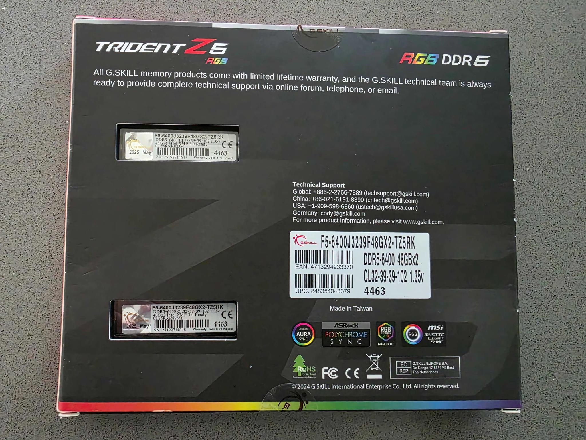 96GB (2 x 48GB) DDR5 6400 G.SKILL Trident Z5 Series Memory F5-6400J3239F48GX2-TZ5RK