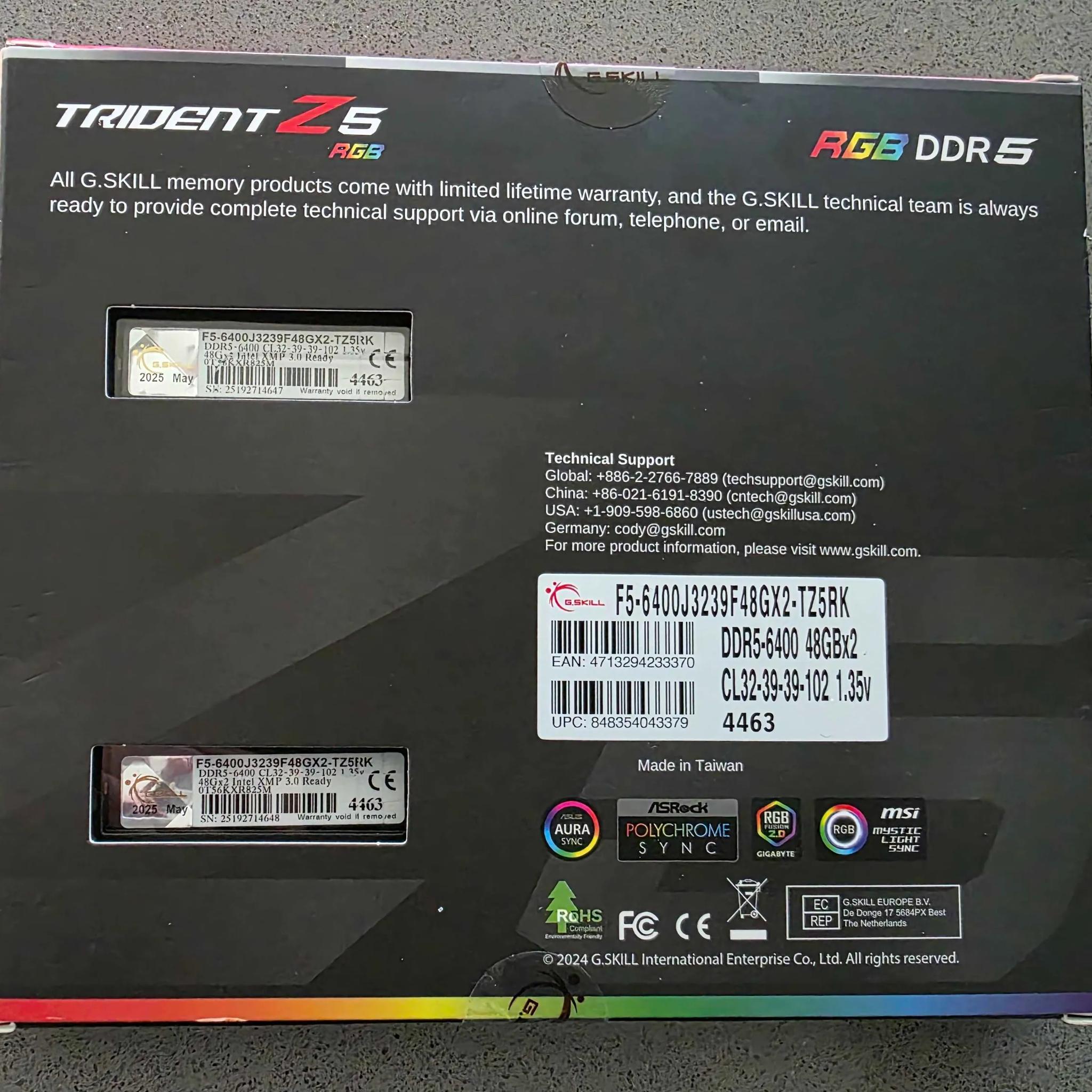 96GB (2 x 48GB) DDR5 6400 G.SKILL Trident Z5 Series Memory F5-6400J3239F48GX2-TZ5RK