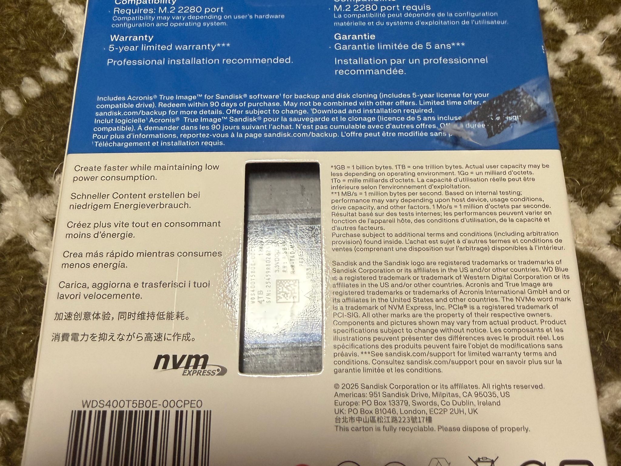 WD Blue SN5100 4TB 3D QLC NAND PCIe Gen 4 x4 NVMe M.2 Internal SSD