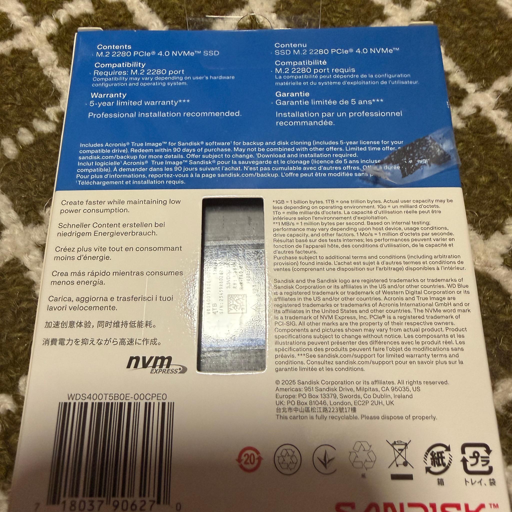 WD Blue SN5100 4TB 3D QLC NAND PCIe Gen 4 x4 NVMe M.2 Internal SSD