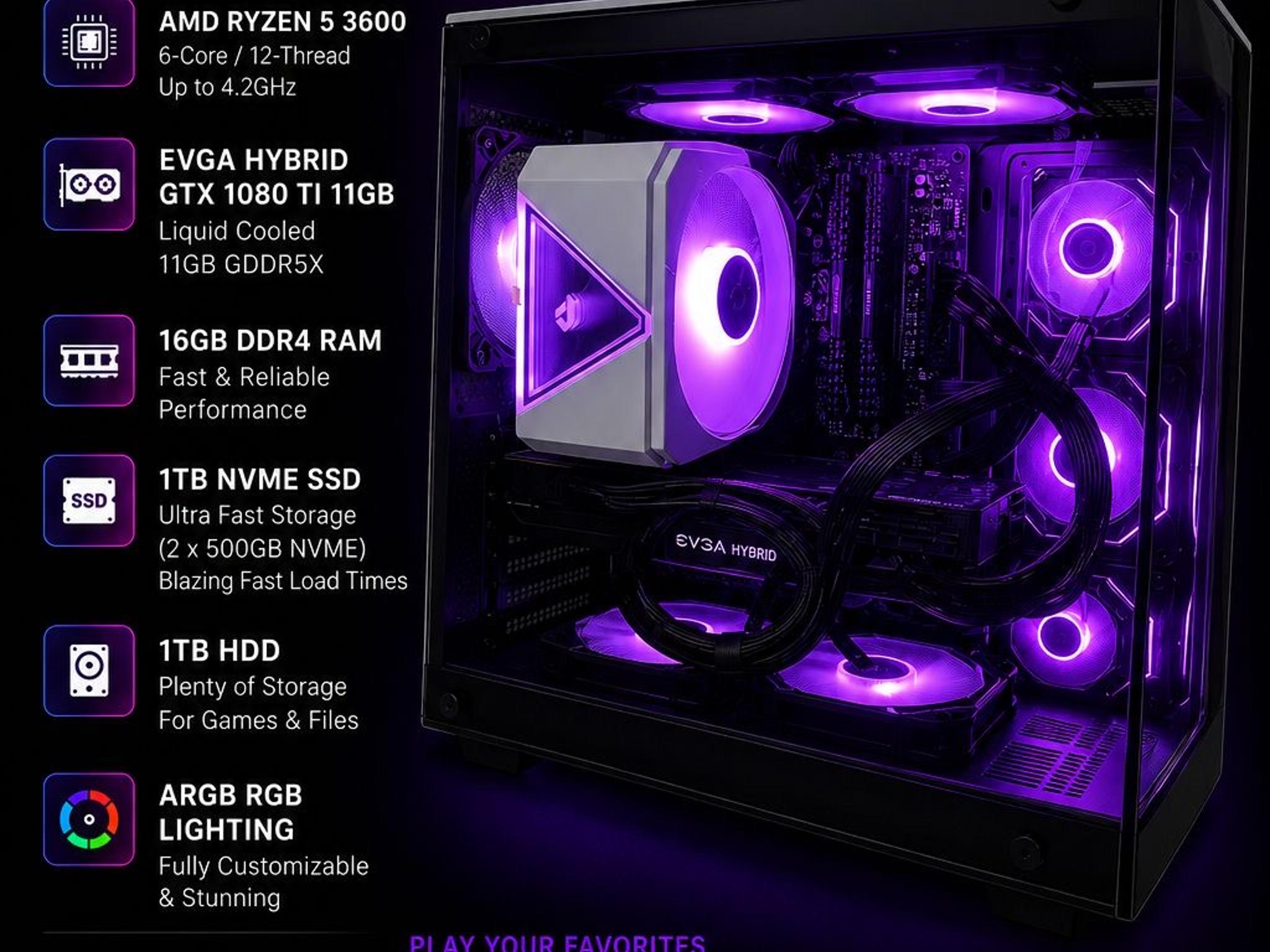 4K Gaming PC Ryzen 5 3600 GTX 1080 Ti Hybrid 11GB 16GB RAM 1TB NVMe RGB Win11