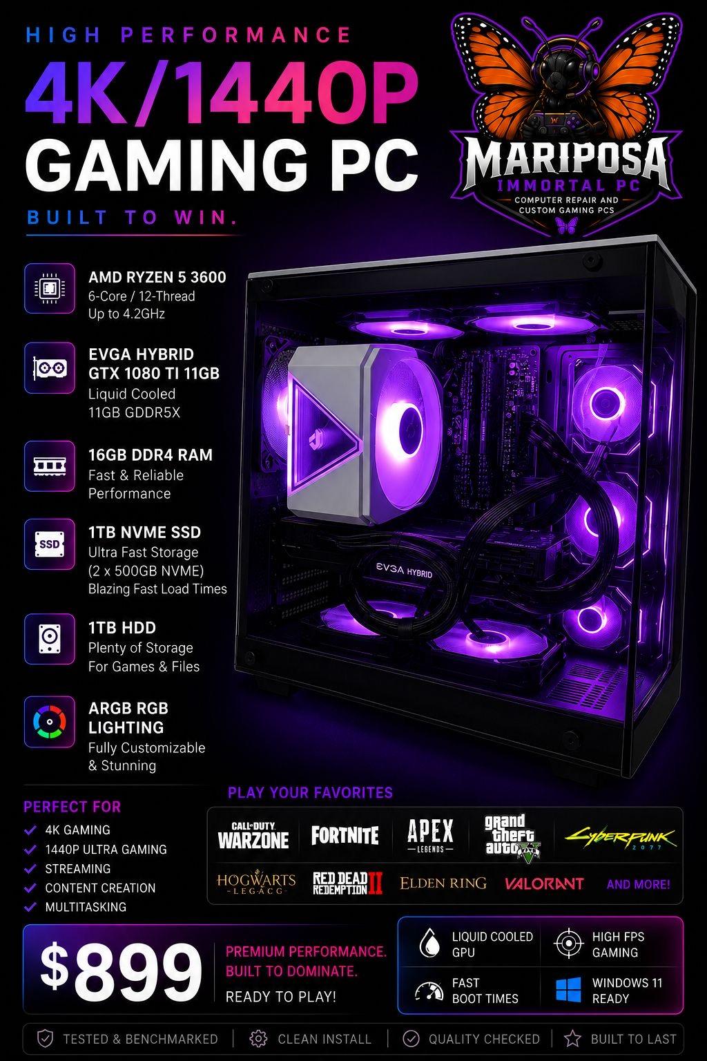 4K Gaming PC Ryzen 5 3600 GTX 1080 Ti Hybrid 11GB 16GB RAM 1TB NVMe RGB Win11