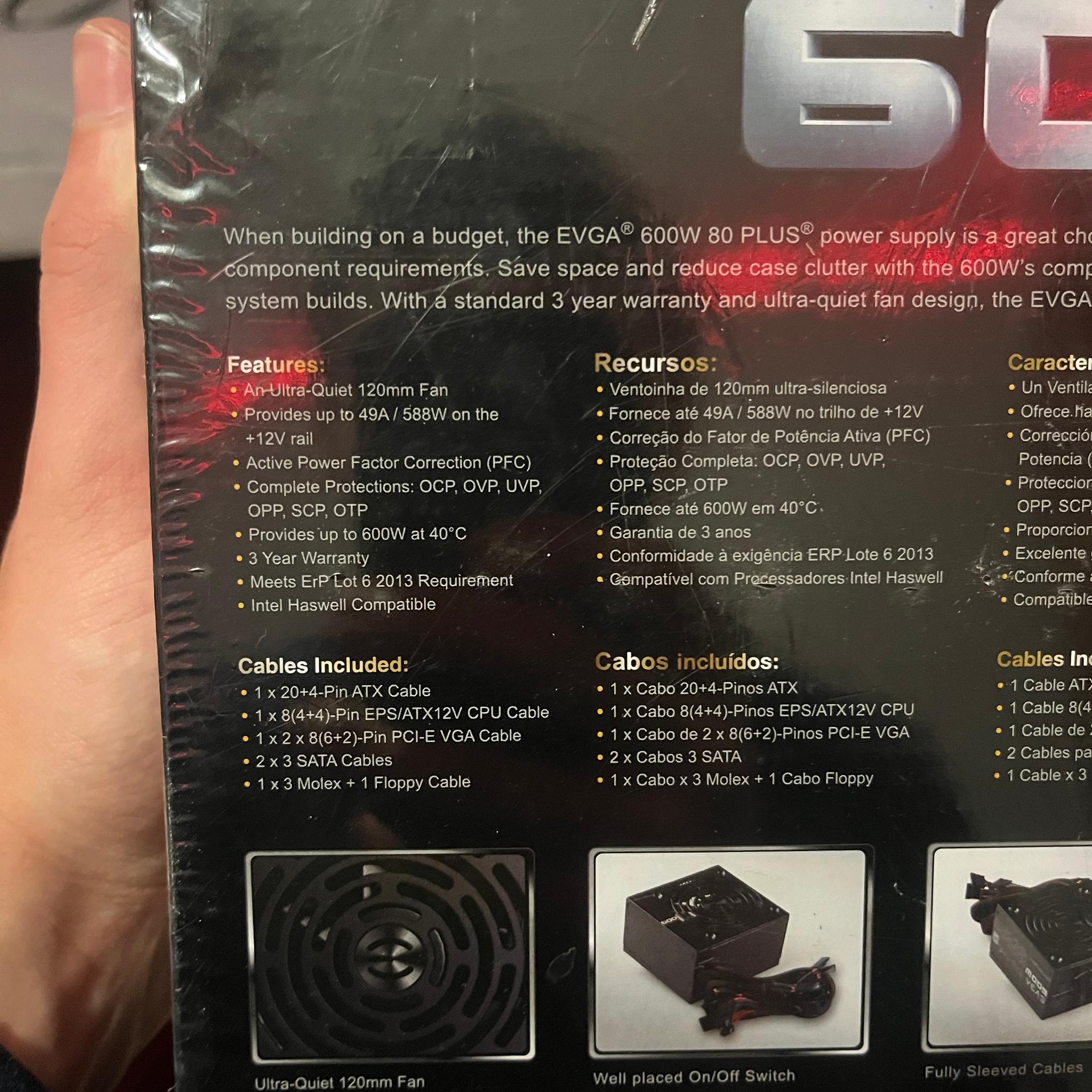 (NEW SEALED) EVGA 600 watt 80 plus certified power supply, 100-W1-0600-K1