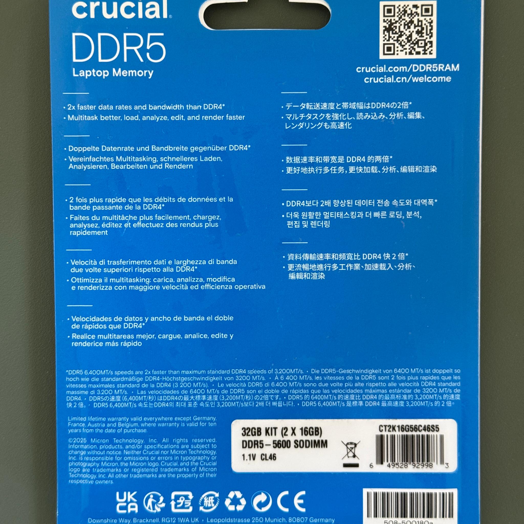 **UNOPENED** Crucial 32GB Kit (2x16GB) DDR5 5600MT/s Laptop Memory RAM (SODIMM)