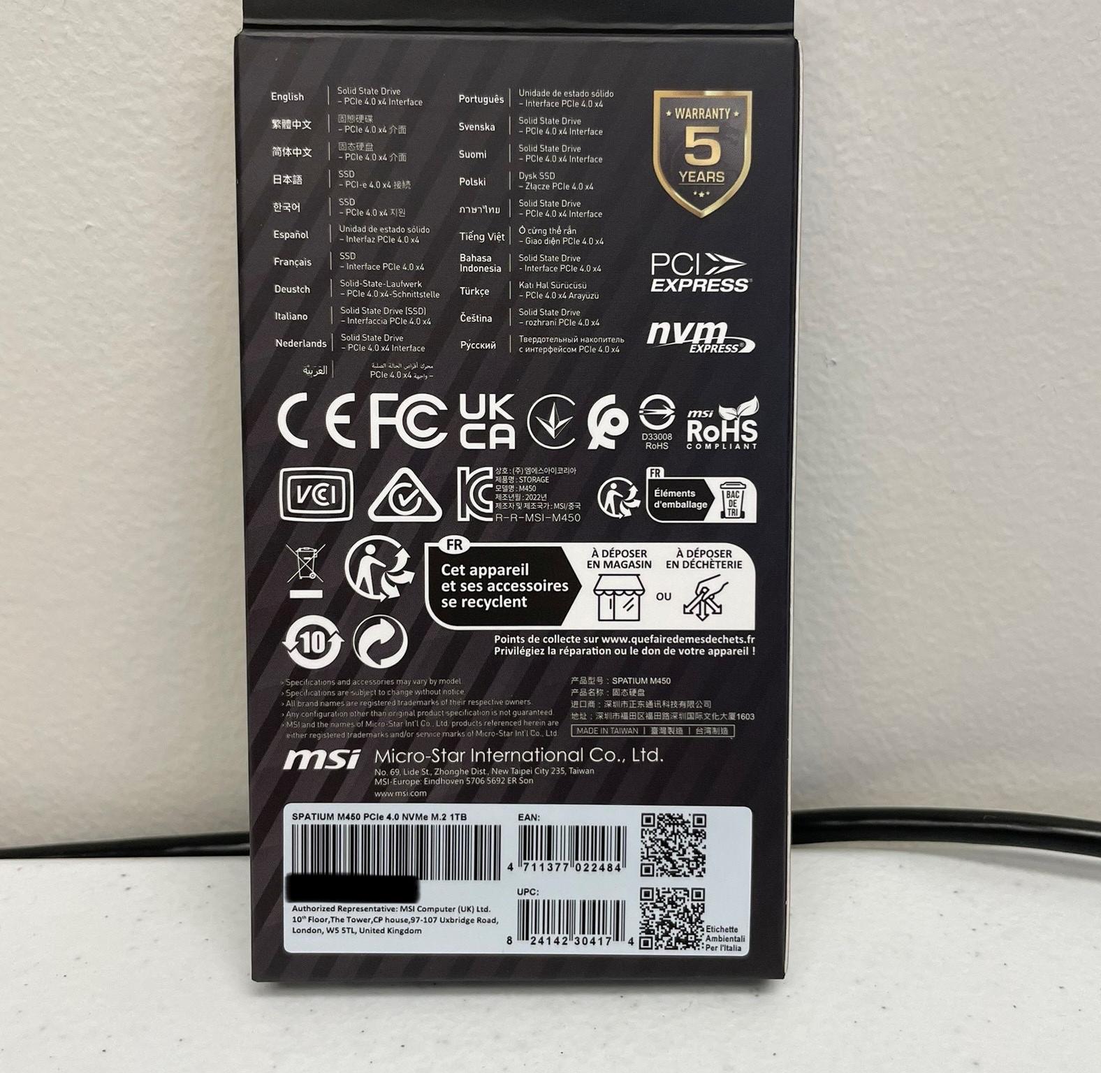 NEW MSI 1TB Spatium M450 PCIE4.0