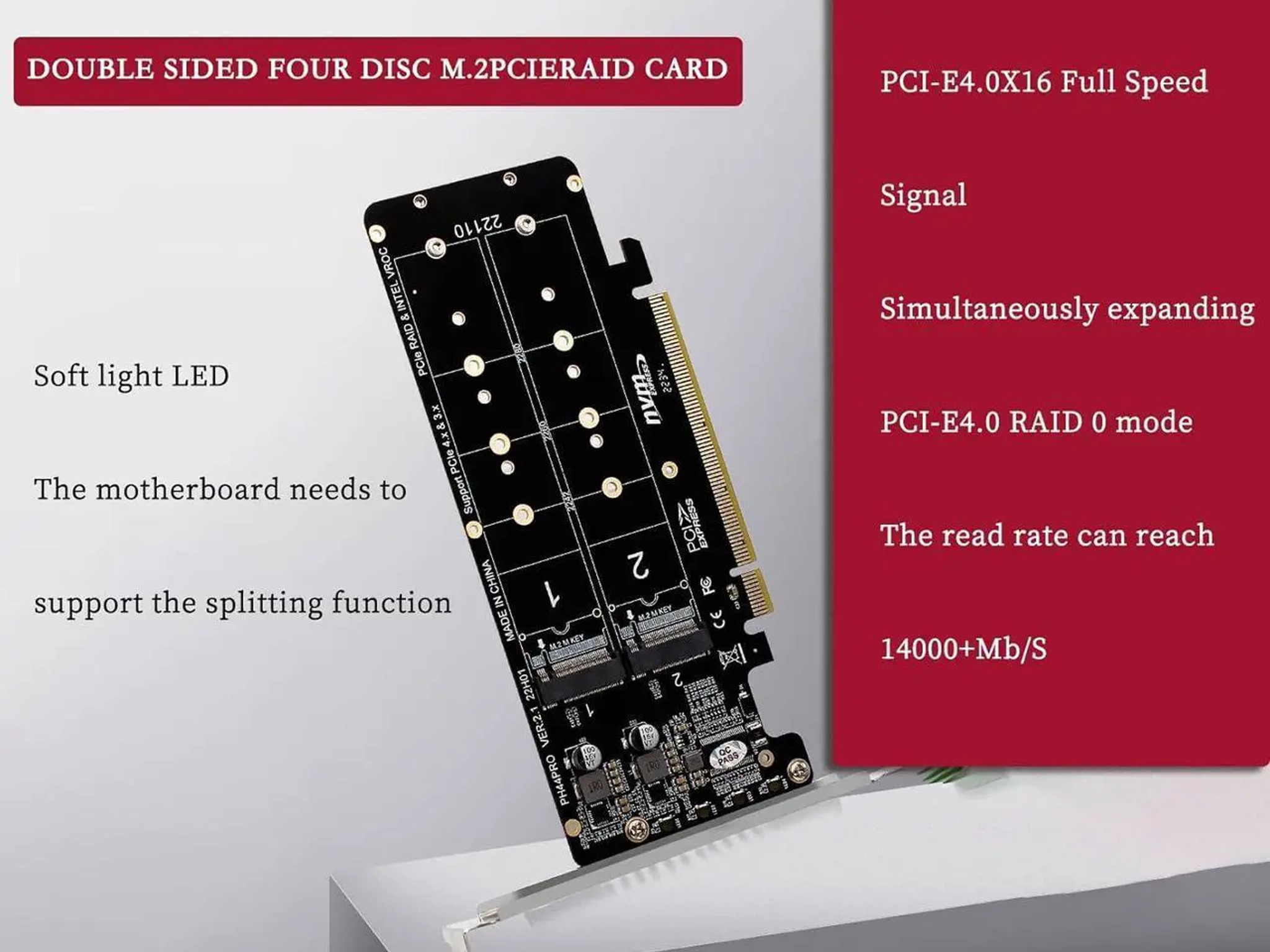 PH44PRO Dual-Sided 4 x M.2 M-Key NVME to PCIe X16 Splitter Card 4 x 32Gbps 2U Server RAID Array