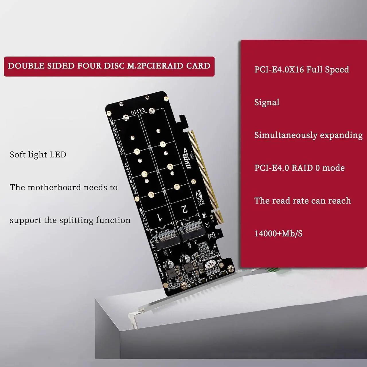 PH44PRO Dual-Sided 4 x M.2 M-Key NVME to PCIe X16 Splitter Card 4 x 32Gbps 2U Server RAID Array