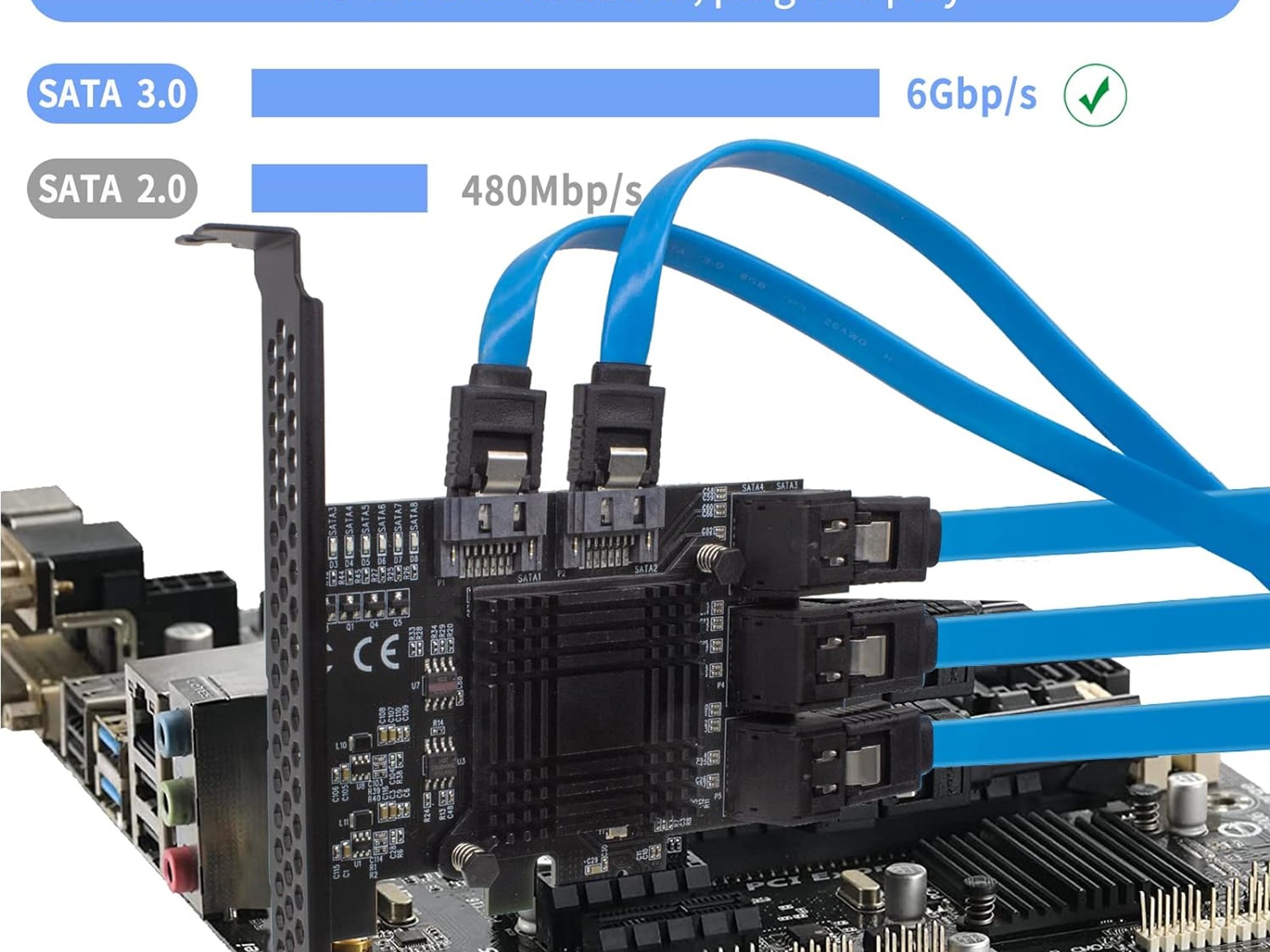 PCIe 8-Port SATA Controller Card 6 Gbps Windows, MAC, Linux w/ 8 SATA Cables & Low Profile Bracket