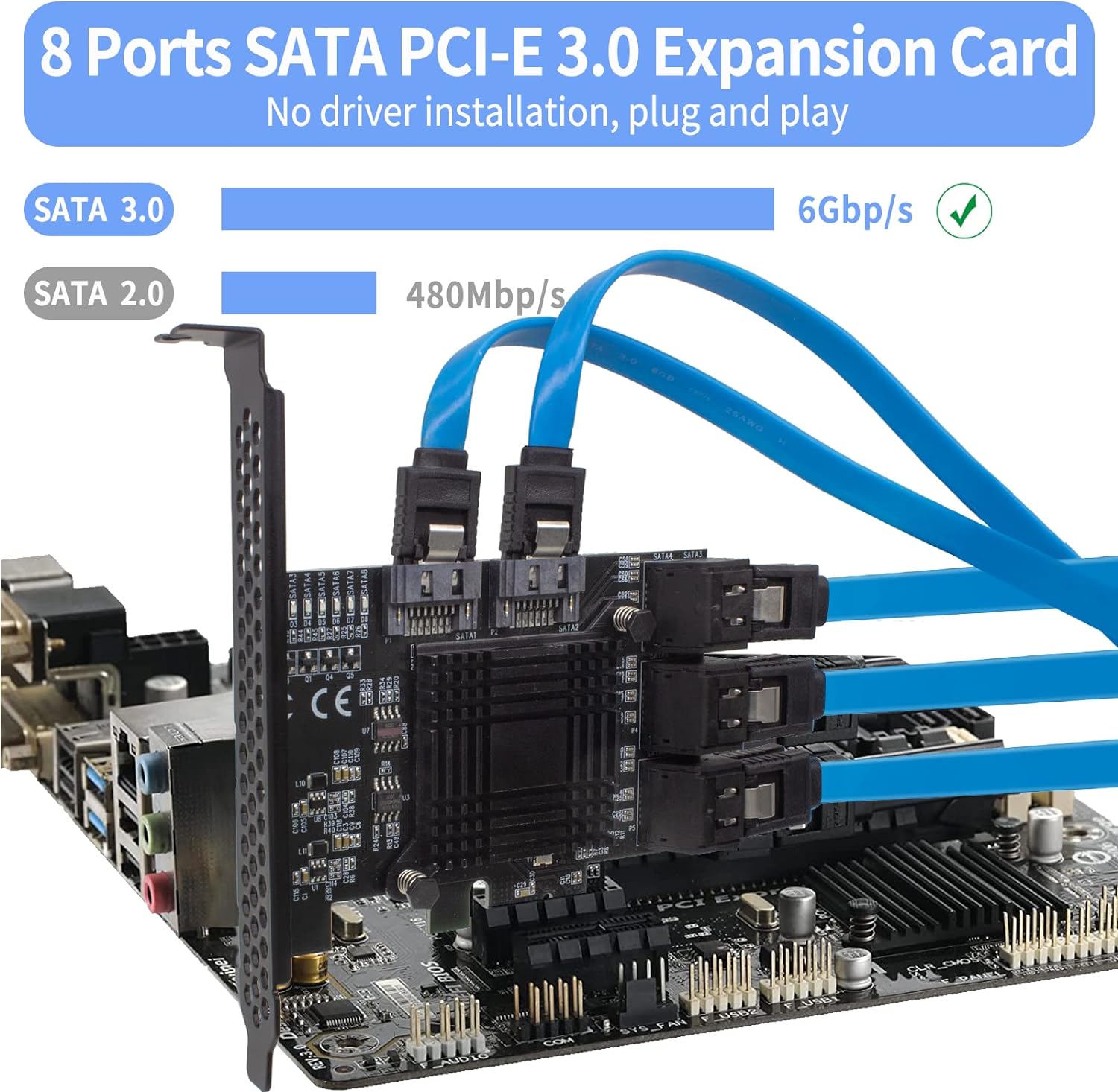 PCIe 8-Port SATA Controller Card 6 Gbps Windows, MAC, Linux w/ 8 SATA Cables & Low Profile Bracket