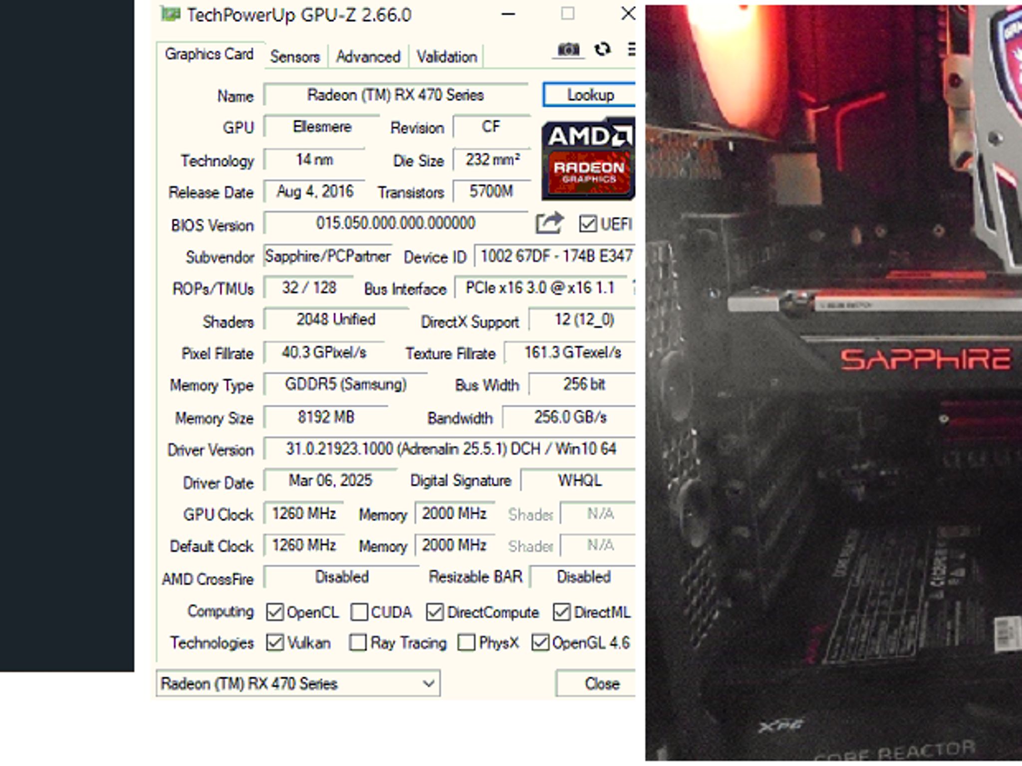 Sapphire Nitro+ RX 470 OC 8GB Dual Bios LED Good Condition Recent Refresh/Serviced