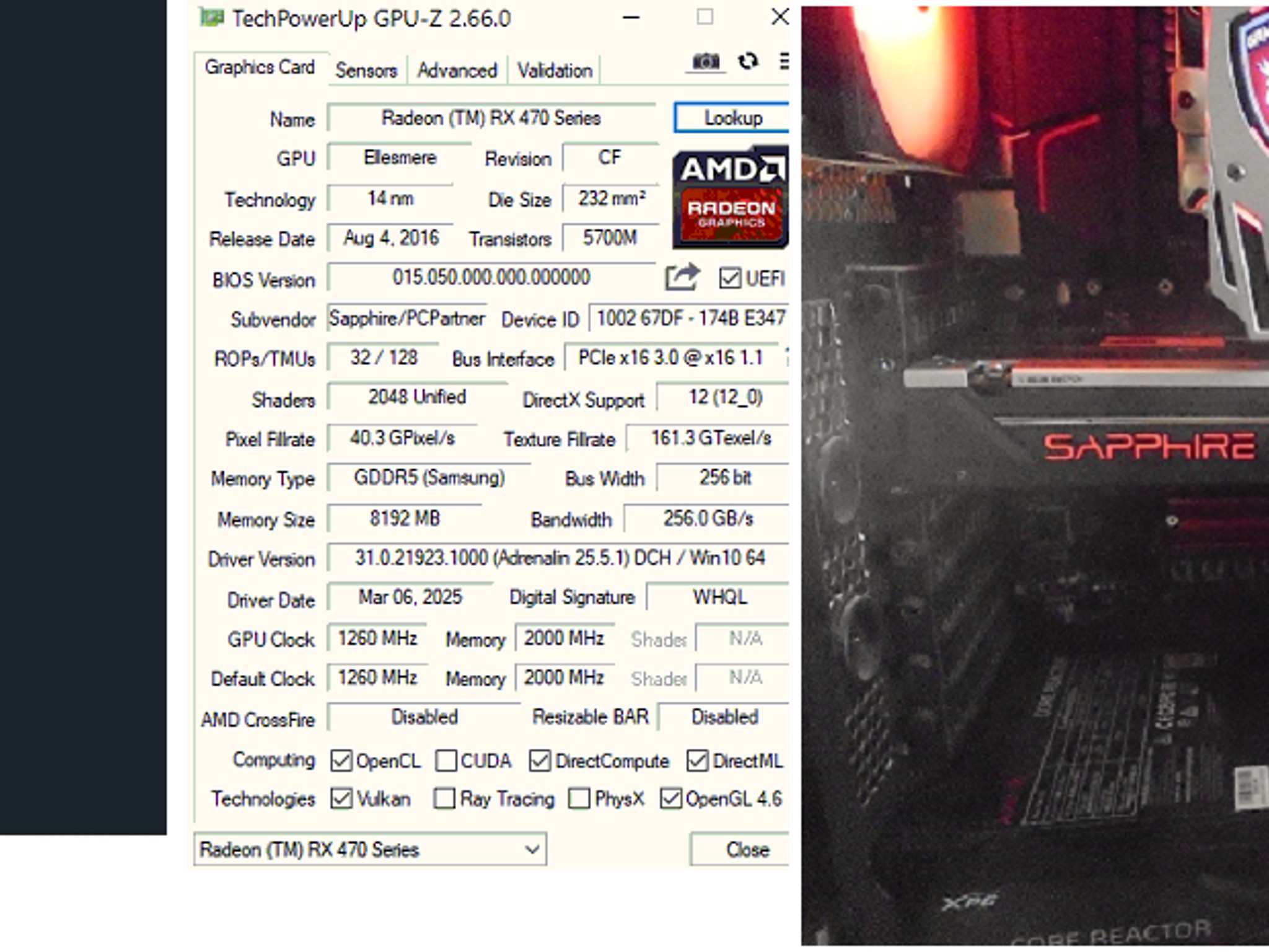 Sapphire Nitro+ RX 470 OC 8GB Dual Bios LED Good Condition Recent Refresh/Serviced