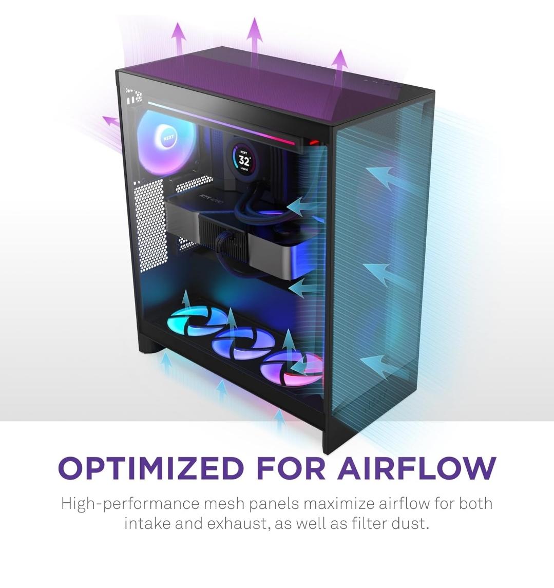 NZXT H7 Flow 2024 - Mid-Tower ATX Airflow Case - Includes Pre-Installed 3 x 120mm Fans - CM-H72FB-01