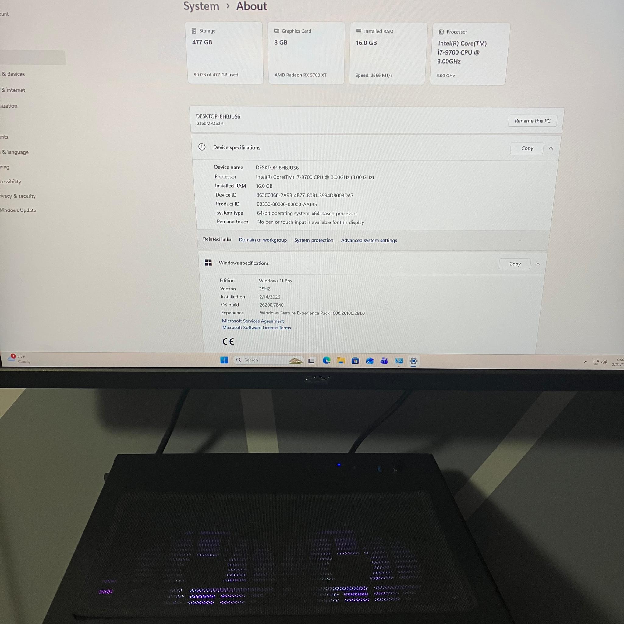 i7-9700 | RX 5700 XT | 16 GB Ram | 512 GM NVMe | 600W PSU | Win 11 Pro | RGB | Tempered Glass