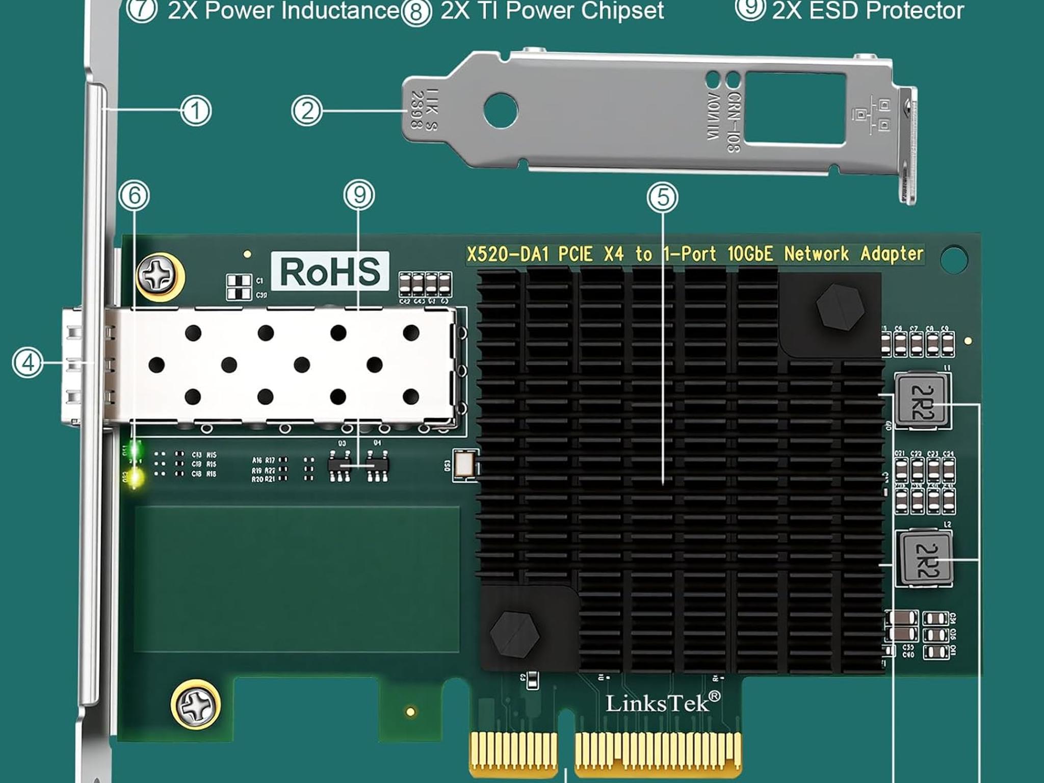 X520-DA1 10Gb/s SFP+ Fiber Port Ethernet Adapter Intel 82599 10Gbps Ethernet PCIE x4 NAS and PC