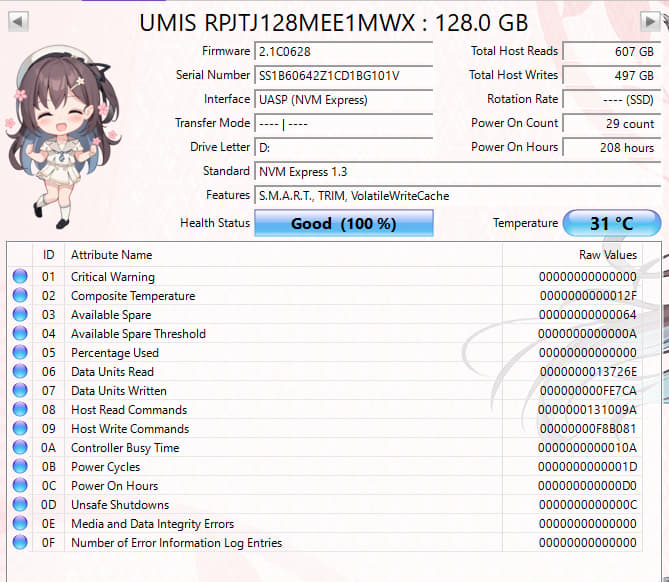 UMIS 128GB NVMe SSD Tested Working 100% Health Ultra Low Hours