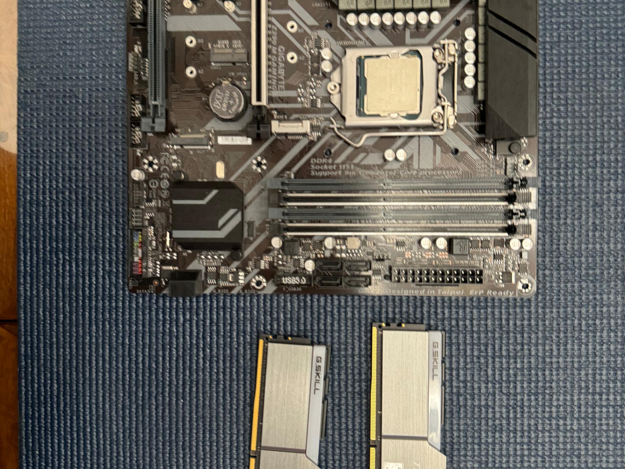 intel i6 9600k + gigabyte z390 M gaming motherboard + G.skill 3200 DDR4 32gb