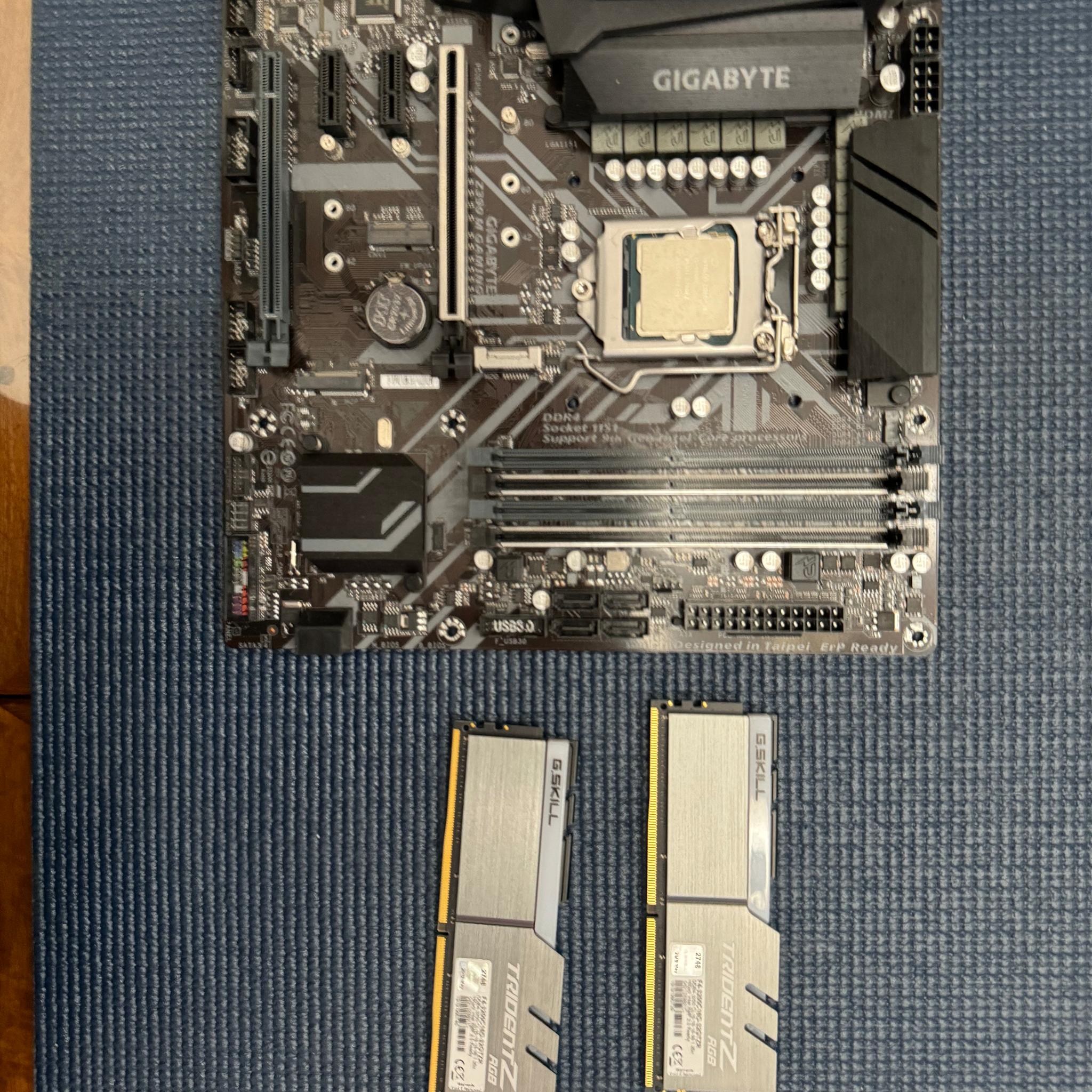 intel i6 9600k + gigabyte z390 M gaming motherboard + G.skill 3200 DDR4 32gb