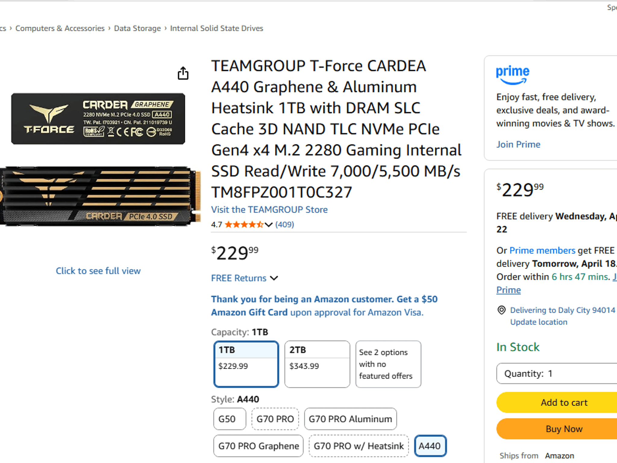 [BNIB]T-Force CARDEA A440 1TB Gen4 NVMe SSD – 7000MB/s, DRAM, Heatsink (PS5 Ready)
