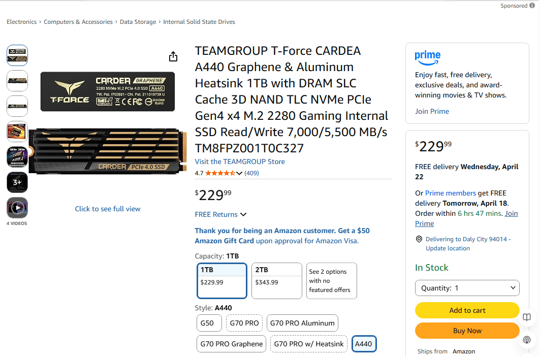 [BNIB]T-Force CARDEA A440 1TB Gen4 NVMe SSD – 7000MB/s, DRAM, Heatsink (PS5 Ready)