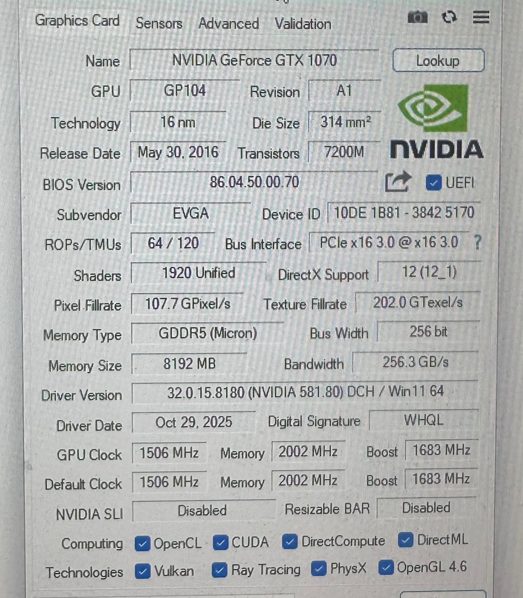 EVGA GeForce GTX 1070 Gaming 08G-P4-5170-KR