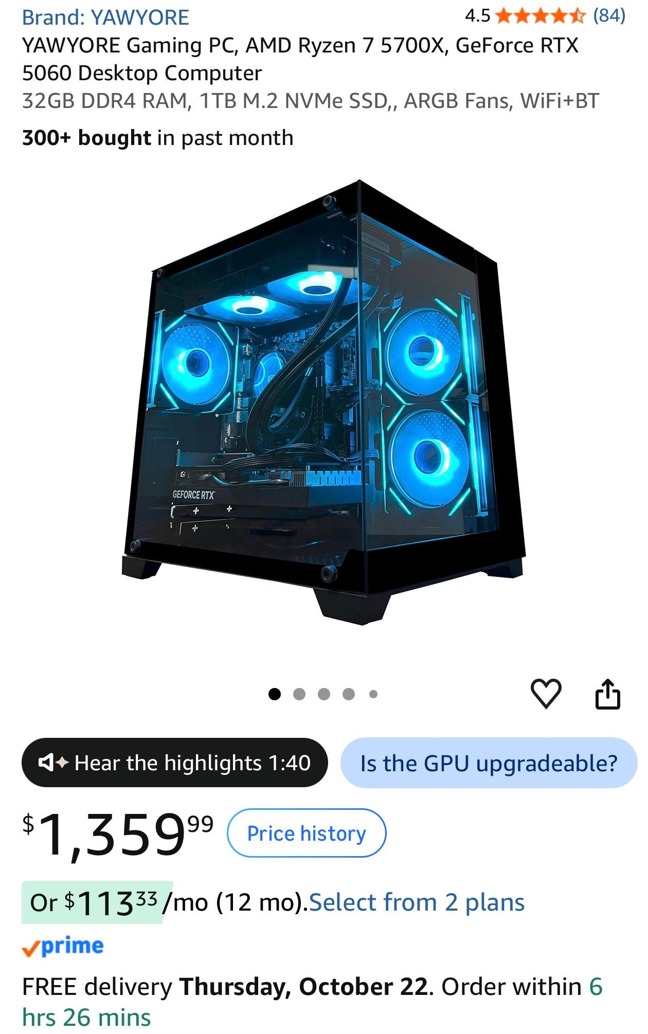 YAWYORE Gaming PC, AMD Ryzen 7 5700X, GeForce RTX 5060 Desktop Computer