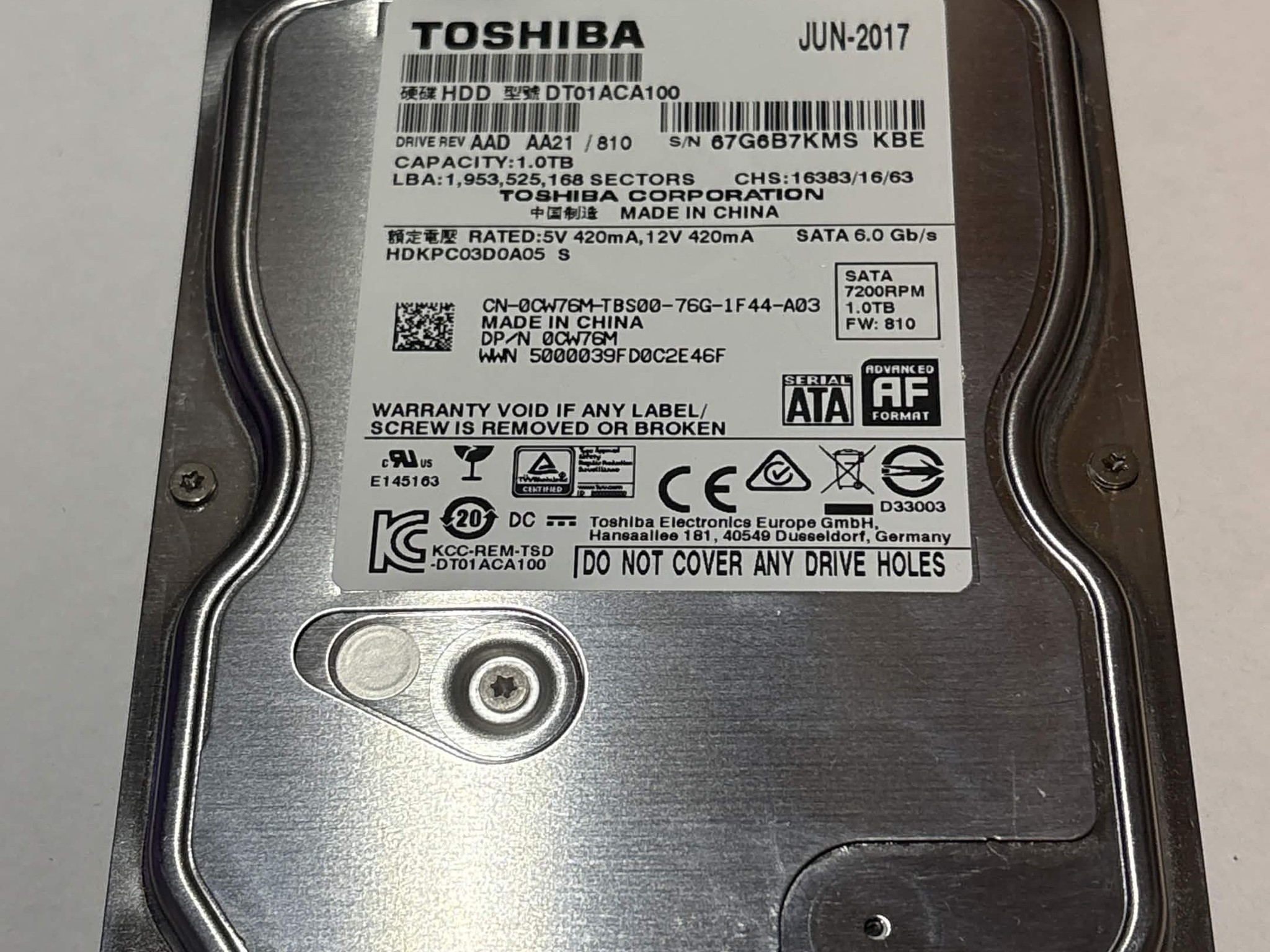 Toshiba 1TB 7200RPM 3.5" SATA HDD – DT01ACA100 – Good SMART