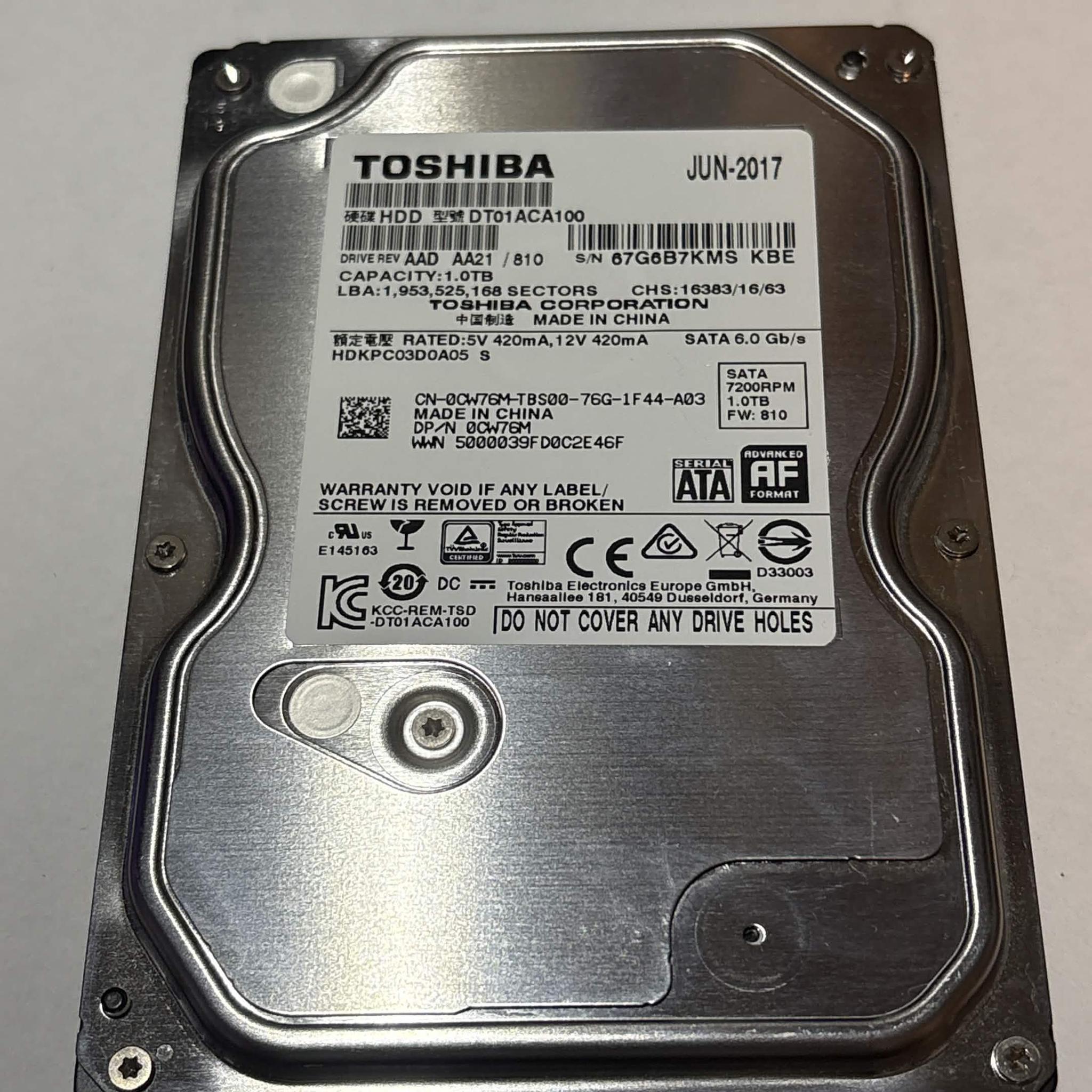 Toshiba 1TB 7200RPM 3.5" SATA HDD – DT01ACA100 – Good SMART