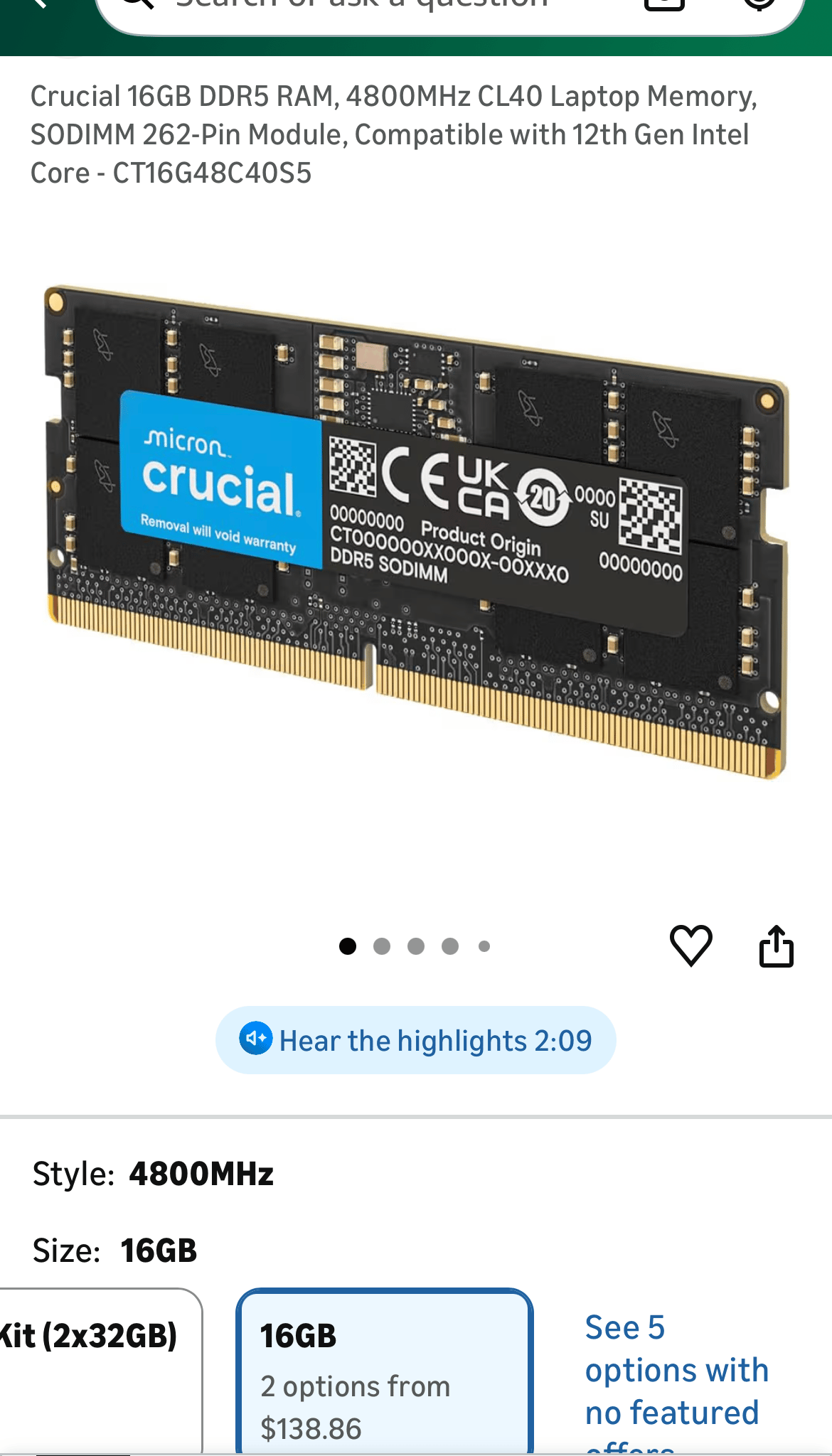 Crucial 16GB SO-DIMM DDR5 5600