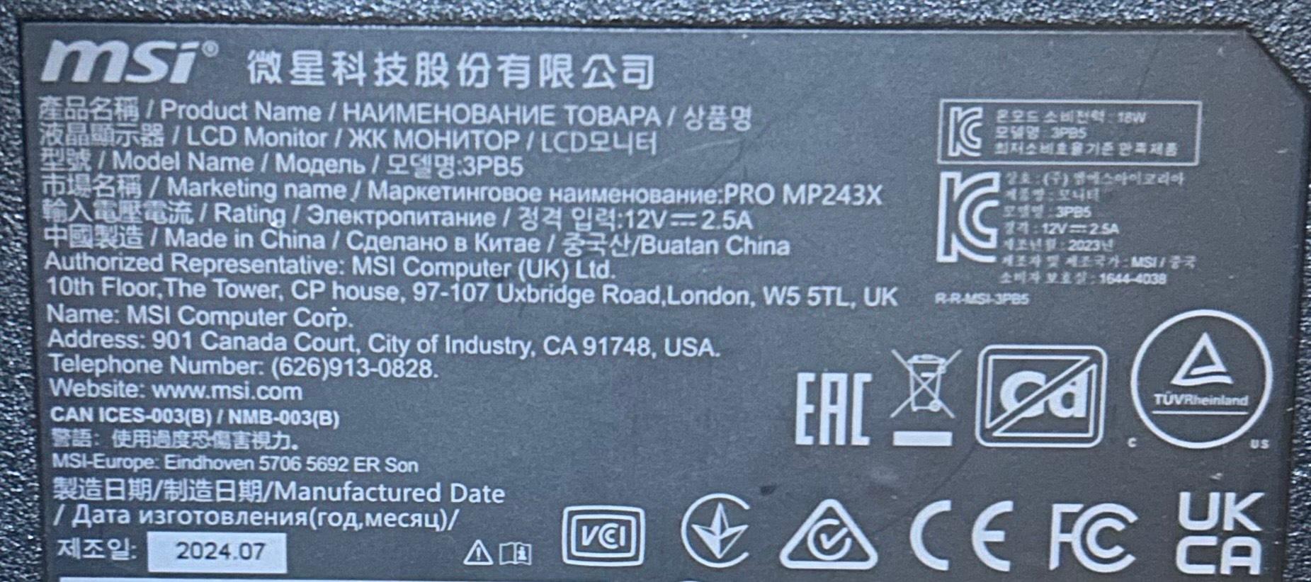 MSI 24" PRO MP243X (100hz) 1920x1080 Computer Monitor