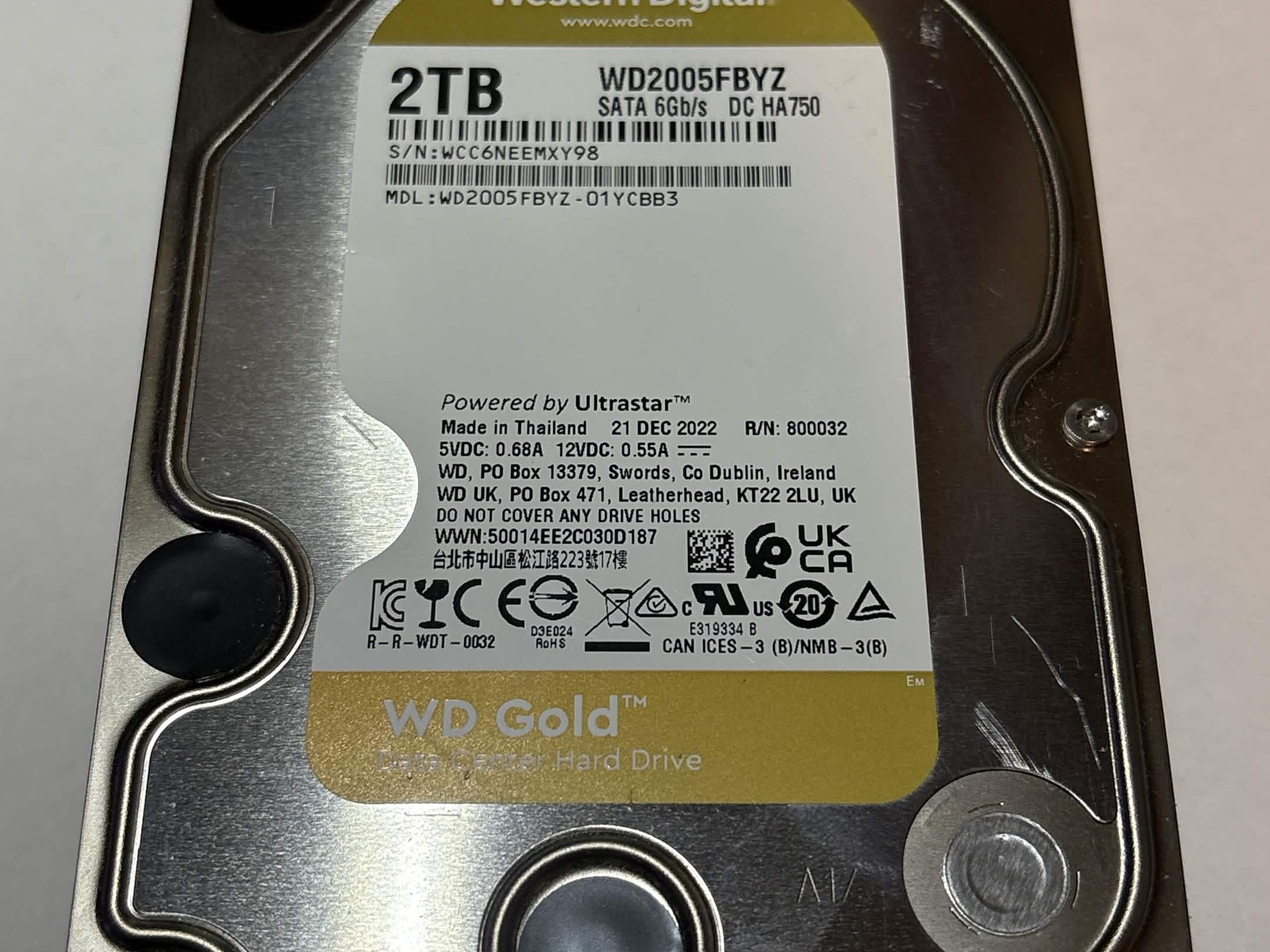 WD Gold 2TB Datacenter HDD WD2005FBYZ 7200RPM SATA – 9,742 Hours – Good SMART