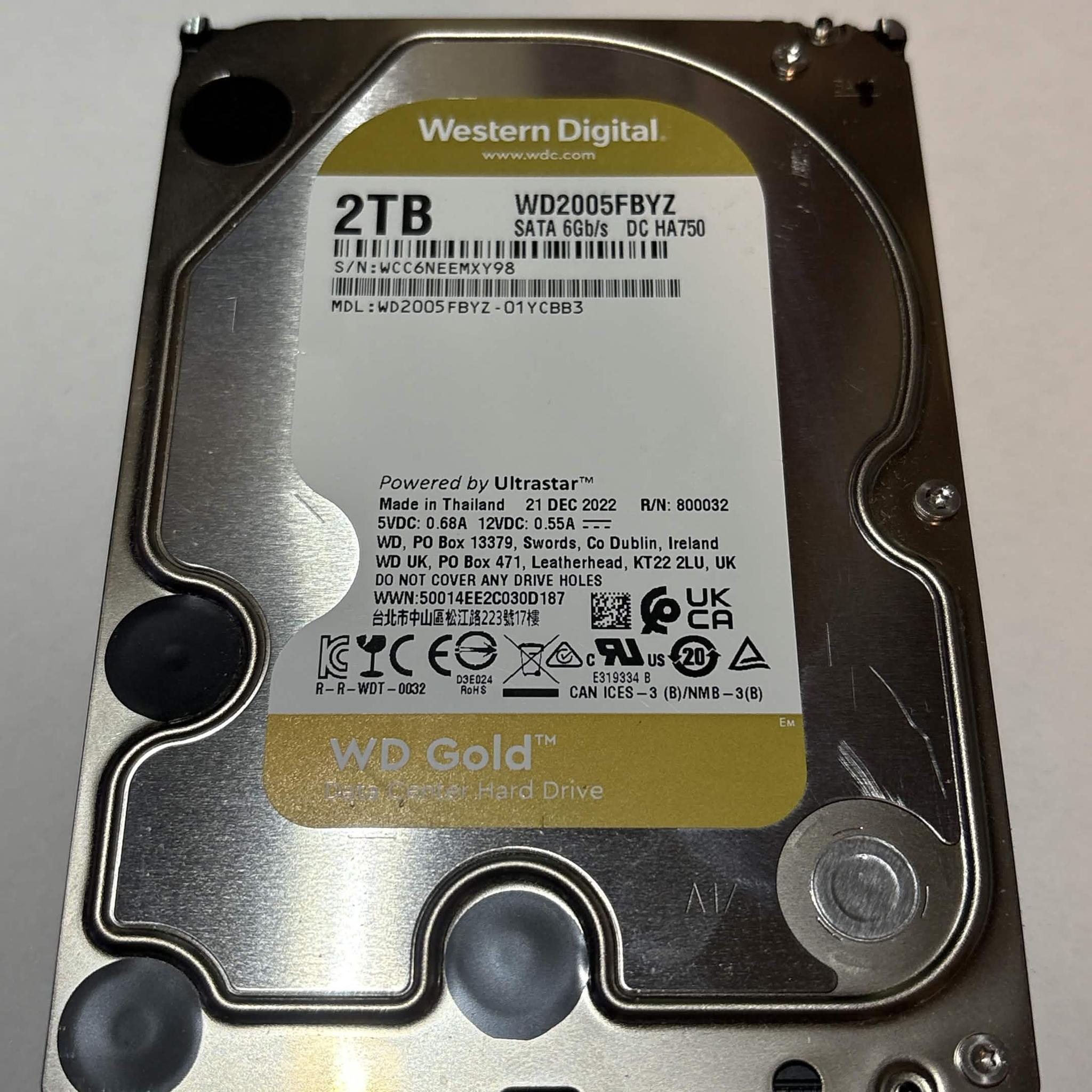 WD Gold 2TB Datacenter HDD WD2005FBYZ 7200RPM SATA – 9,742 Hours – Good SMART