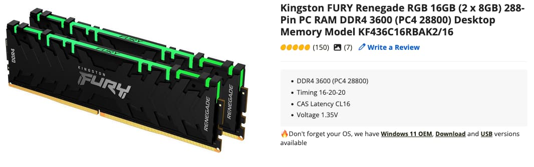 16 GB (2x8) DDR4 3600 Memory