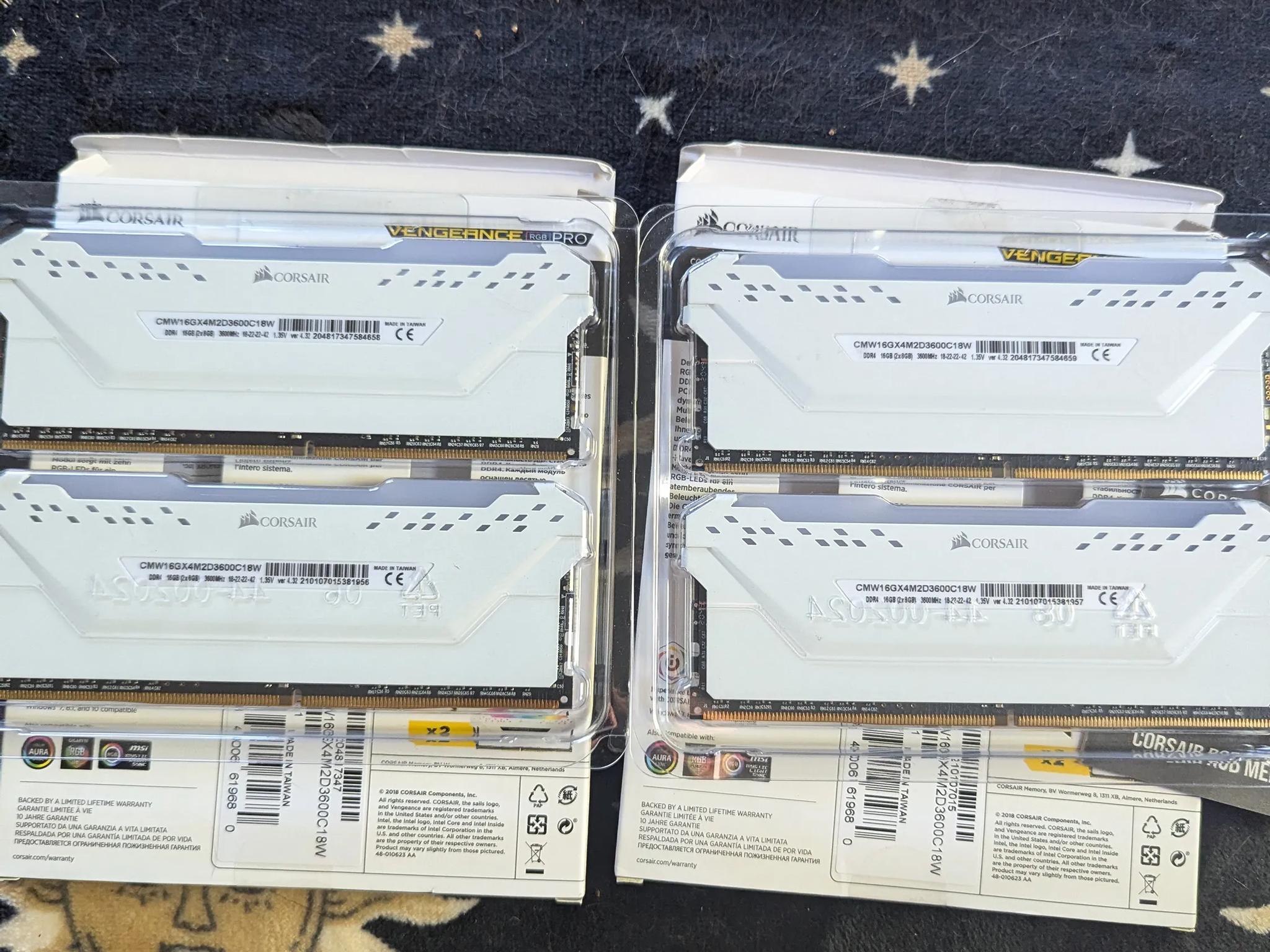 2 packs of 2X8gb (32 GB TOTAL) Corasair Vengence RGB Pro 3600MHZ