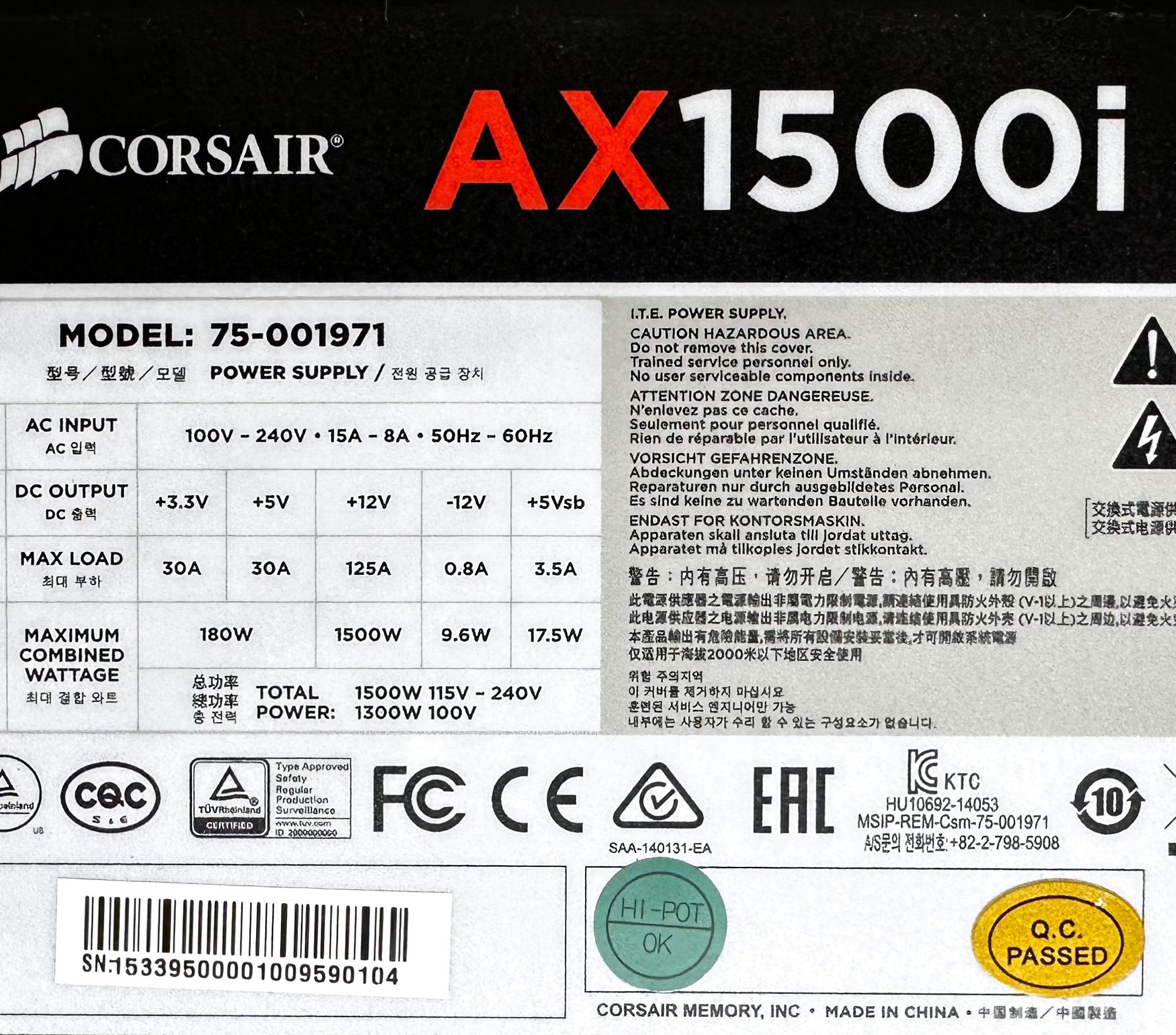 Corsair AX1500i Digital ATX Power Supply — 1500 Watt Fully-Modular Titanium Rated PSU