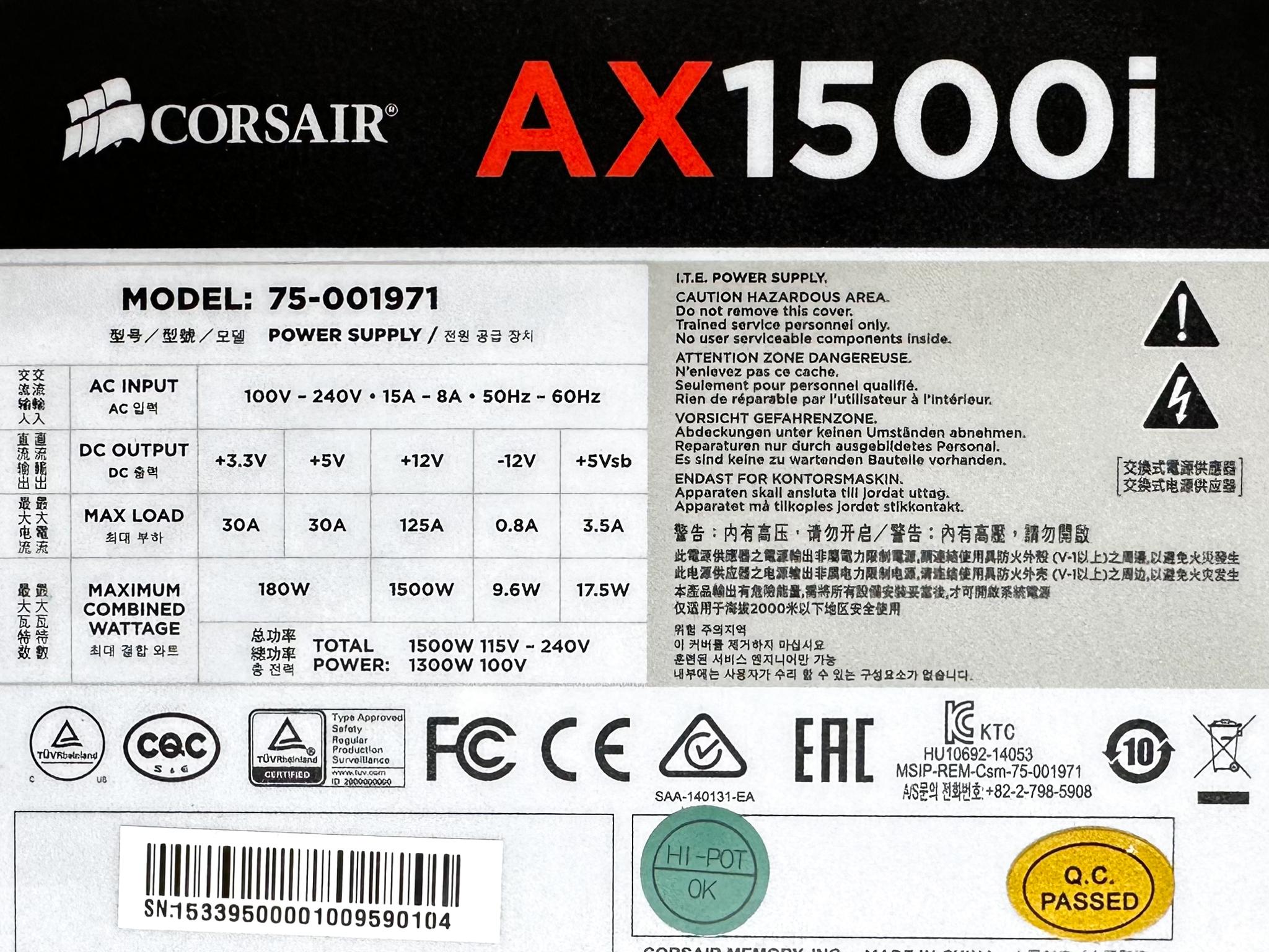 Corsair AX1500i Digital ATX Power Supply — 1500 Watt Fully-Modular Titanium Rated PSU